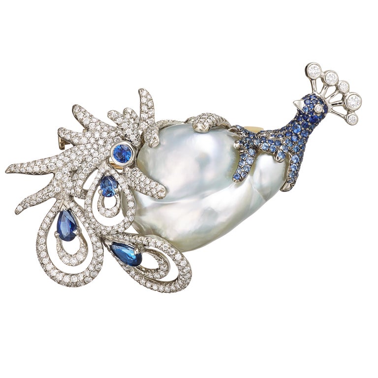 Blue Pearl Blue Sapphires White Diamonds Brooch Aenea Jewellery For Sale