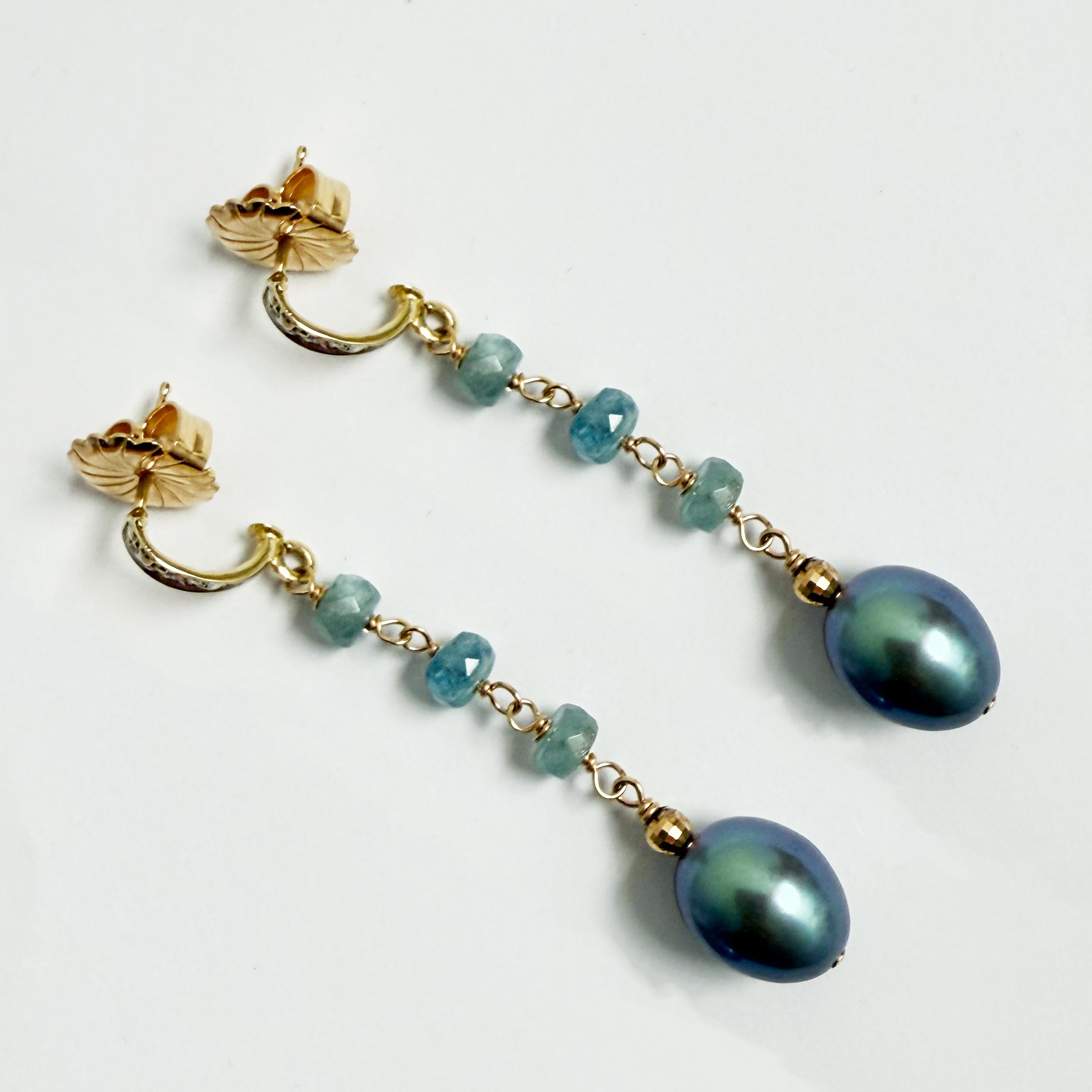 Pendientes Paradizia de perlas azules y aguamarina musgosa con diamantes Artesano en venta
