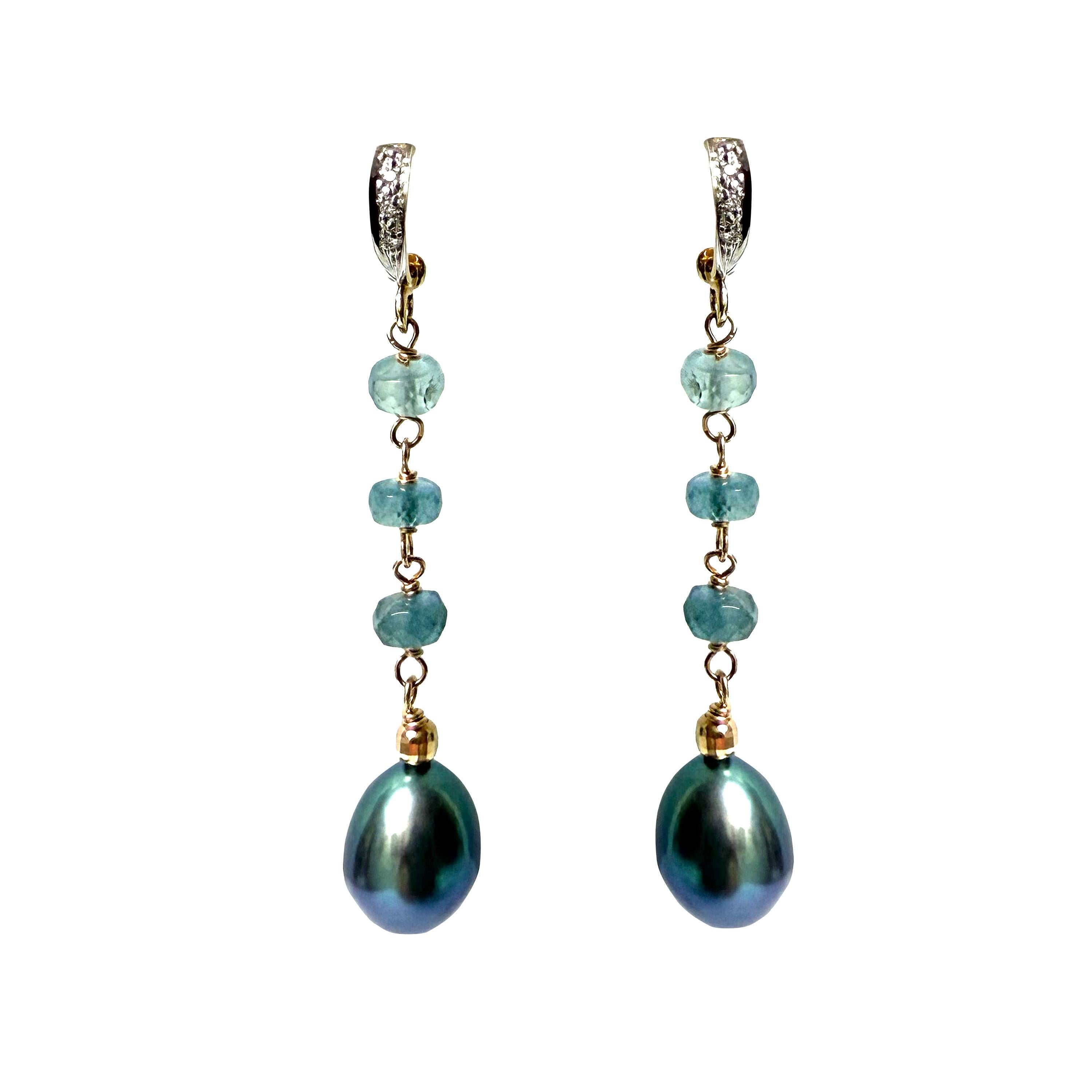 Pendientes Paradizia de perlas azules y aguamarina musgosa con diamantes en Nuevo estado para la venta en Laguna Beach, CA
