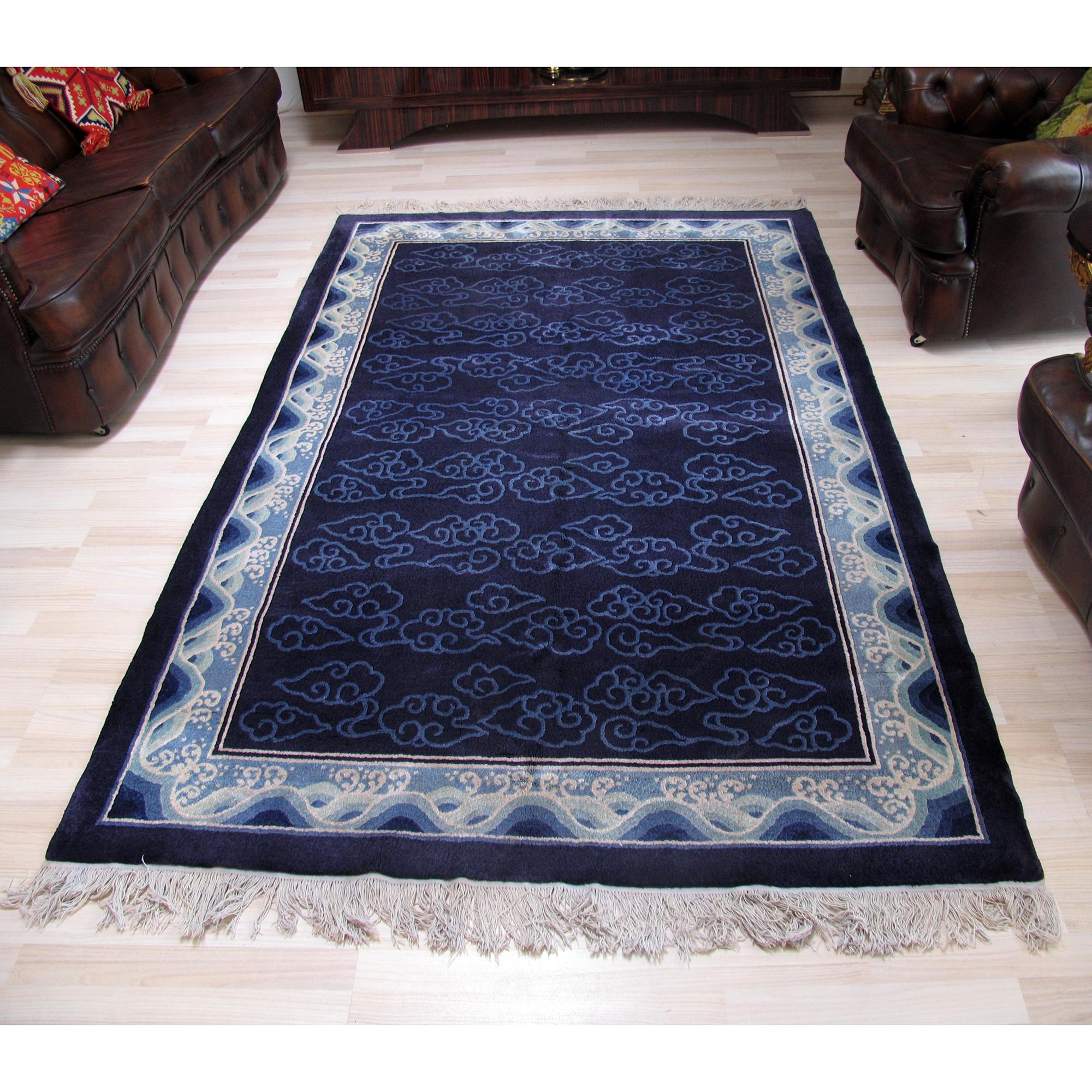 Chinese Export Art Deco Blue Silk Rug with Asian Décor, Peking Blue For Sale