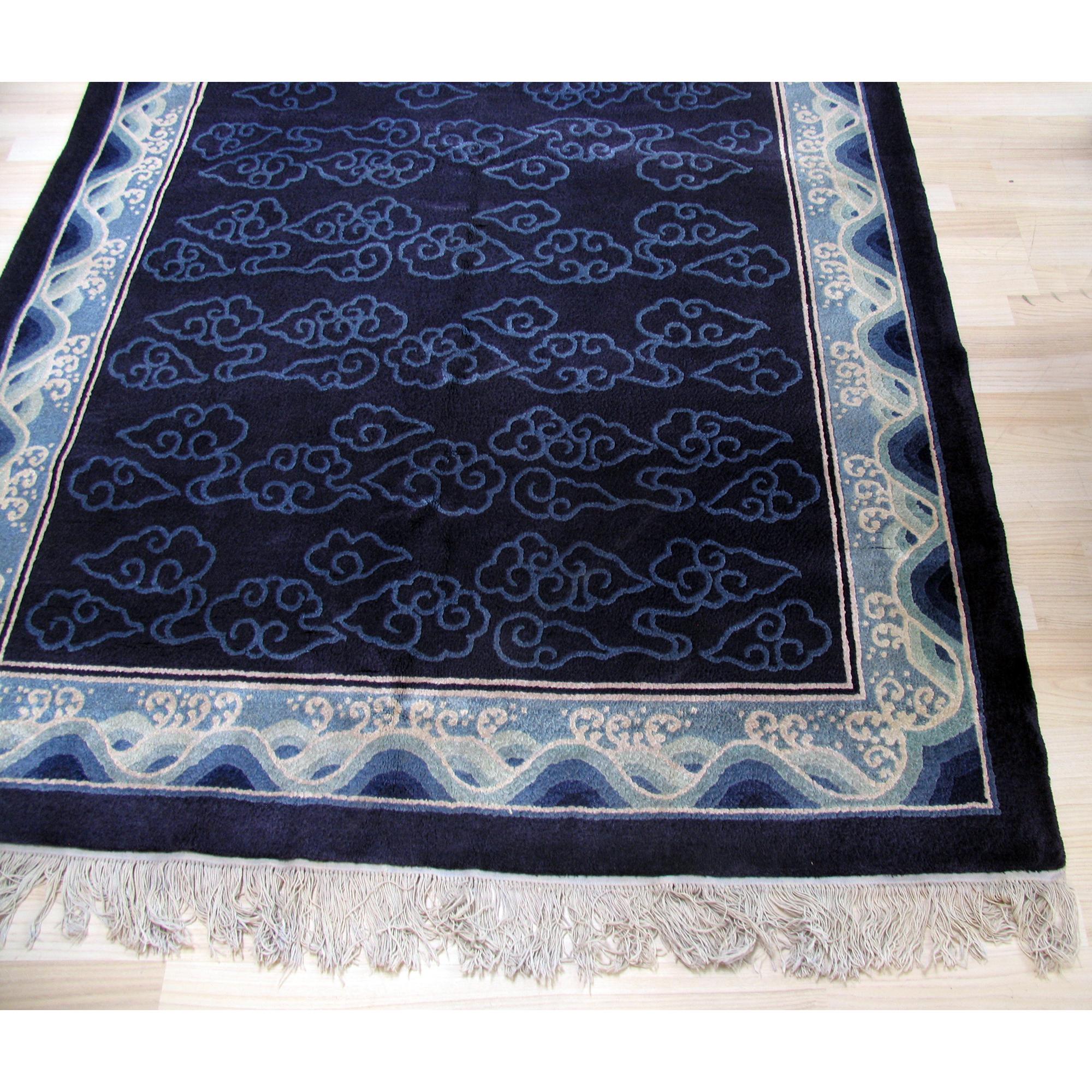 Hand-Woven Art Deco Blue Silk Rug with Asian Décor, Peking Blue For Sale
