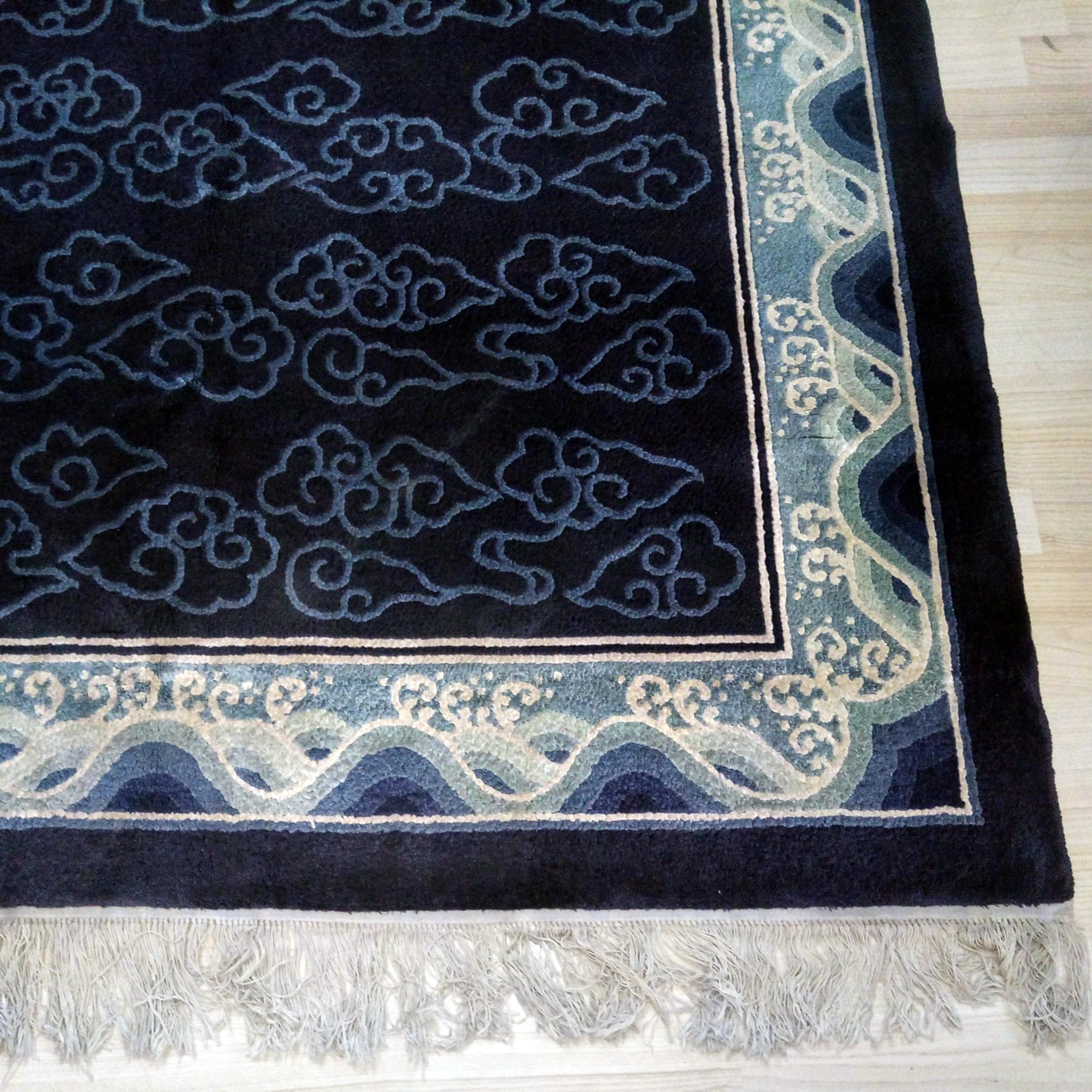 20th Century Art Deco Blue Silk Rug with Asian Décor, Peking Blue For Sale