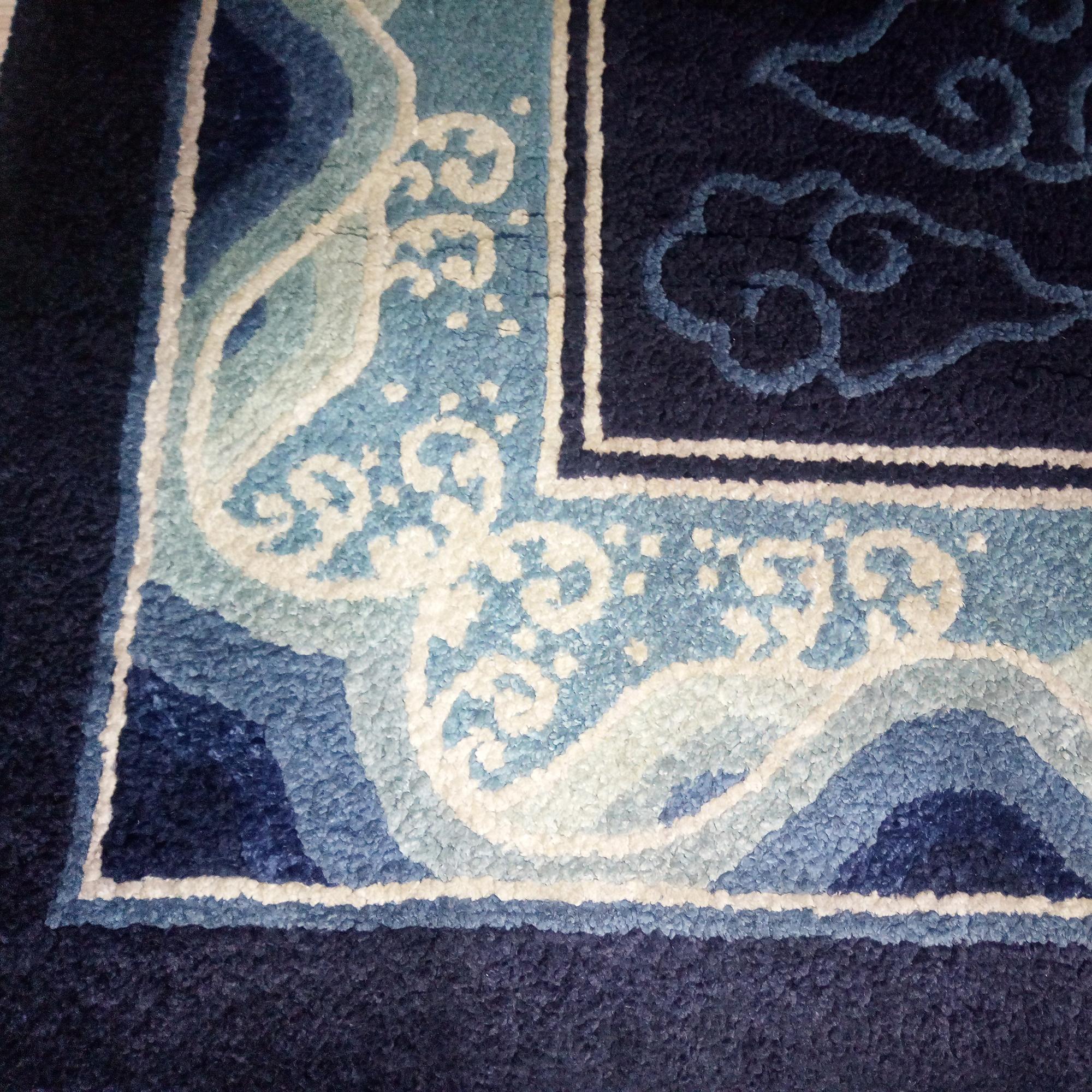 Art Deco Blue Silk Rug with Asian Décor, Peking Blue For Sale 2