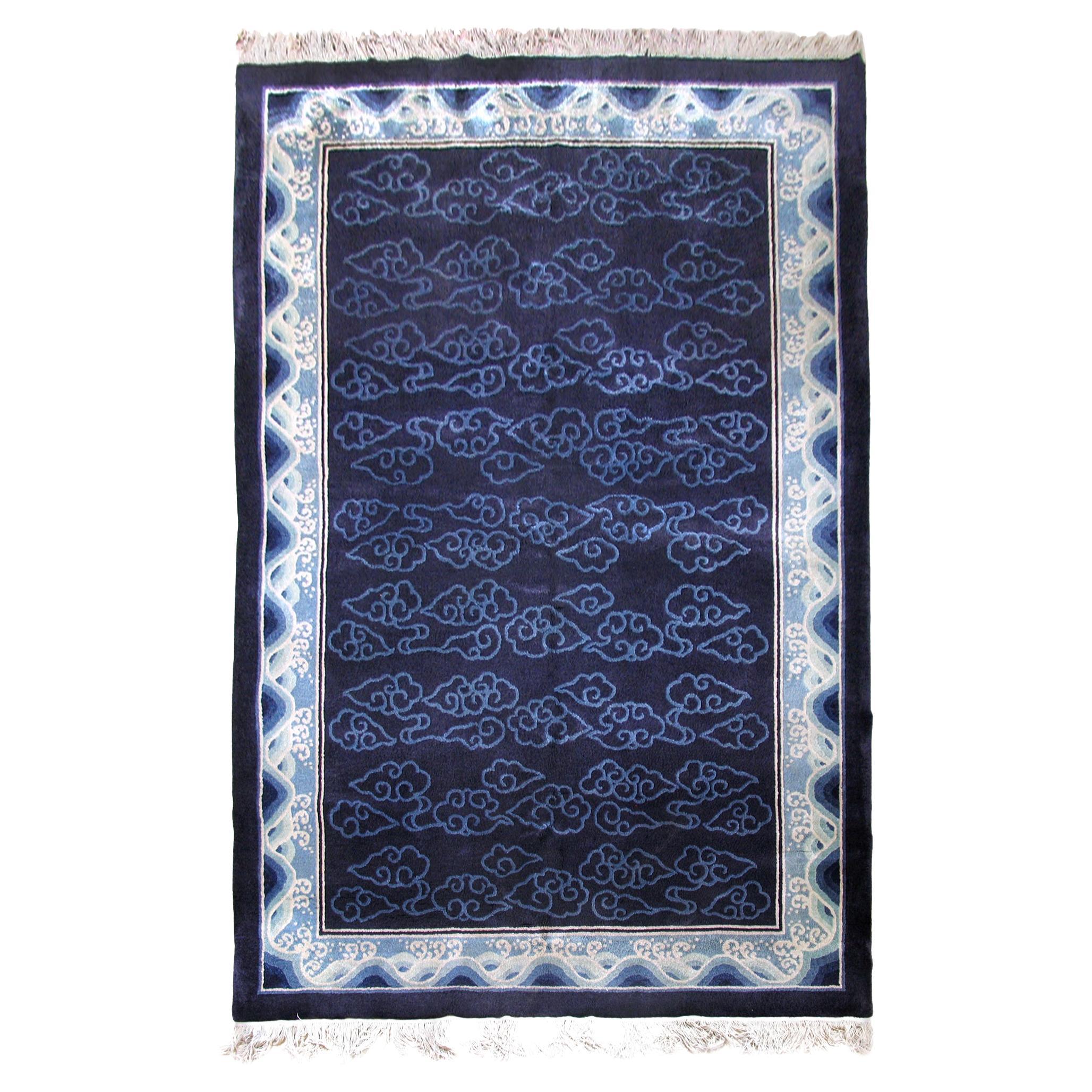 Art Deco Blue Silk Rug with Asian Décor, Peking Blue For Sale