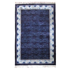 Art Deco Blue Silk Rug with Asian Décor, Peking Blue