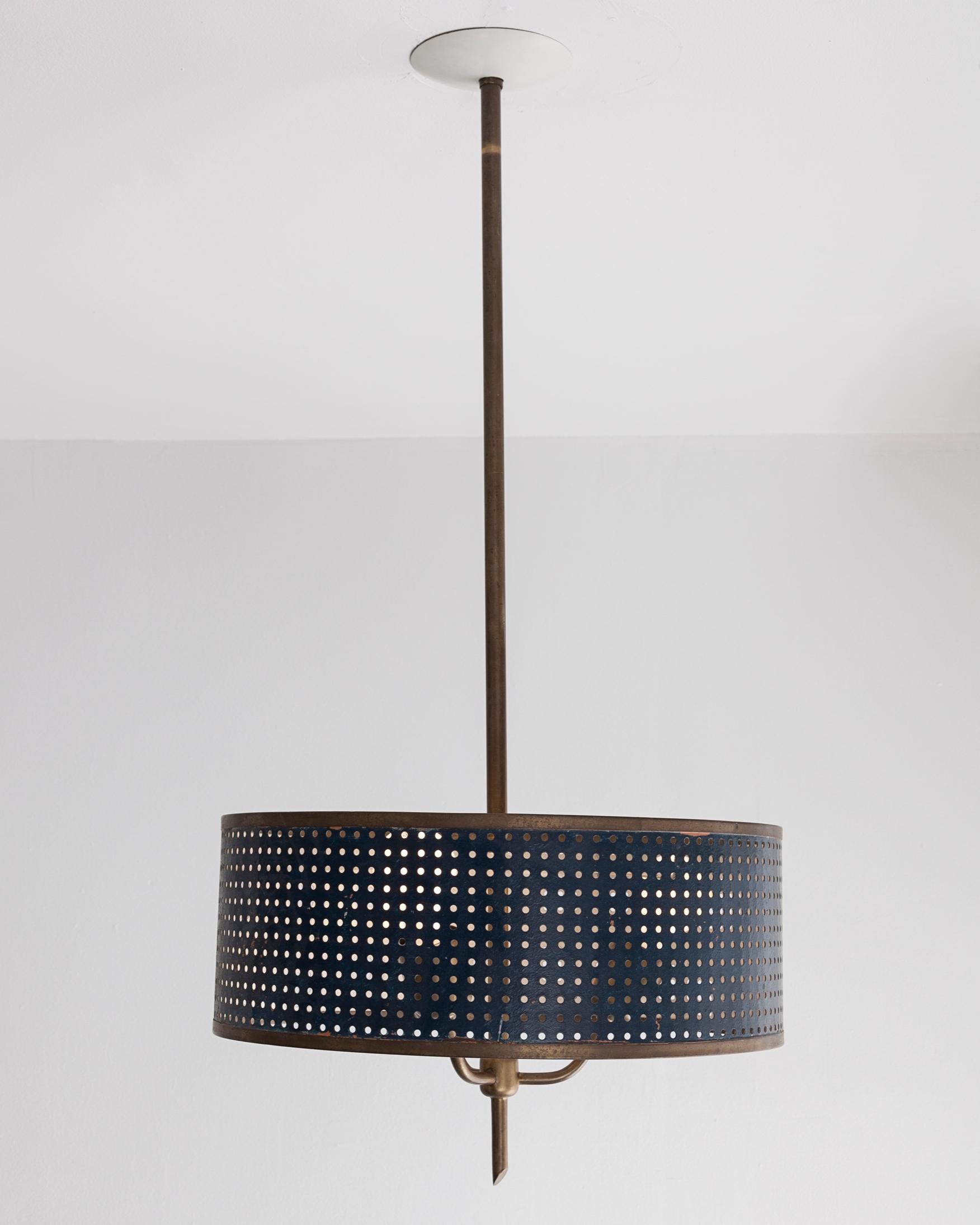 Hanging lamp with blue perforated metal shade. Possibly Argentina, circa 1960s.