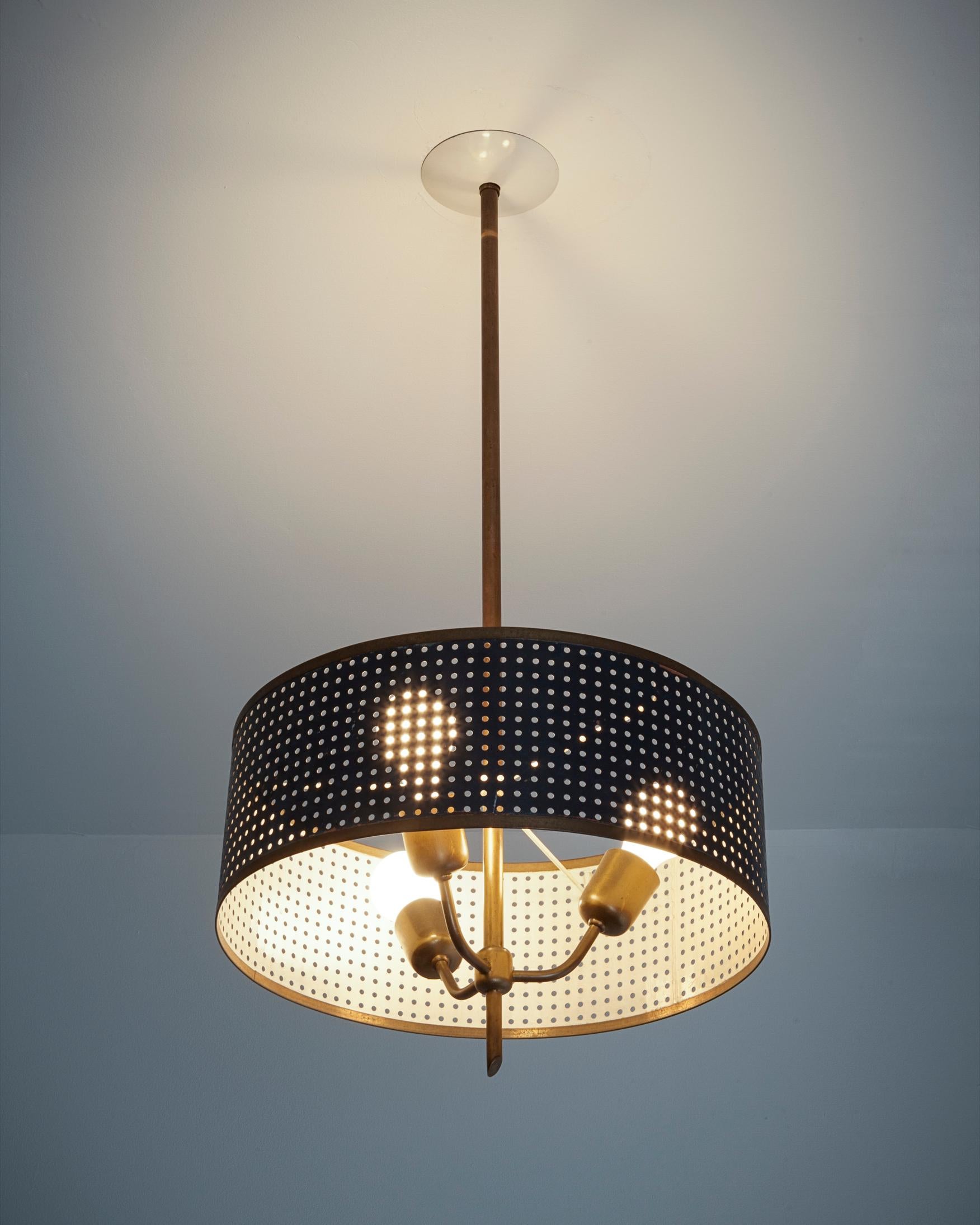 Blue Perforated Hanging Lamp with Metal Shade, circa 1960s In Good Condition In New York, NY