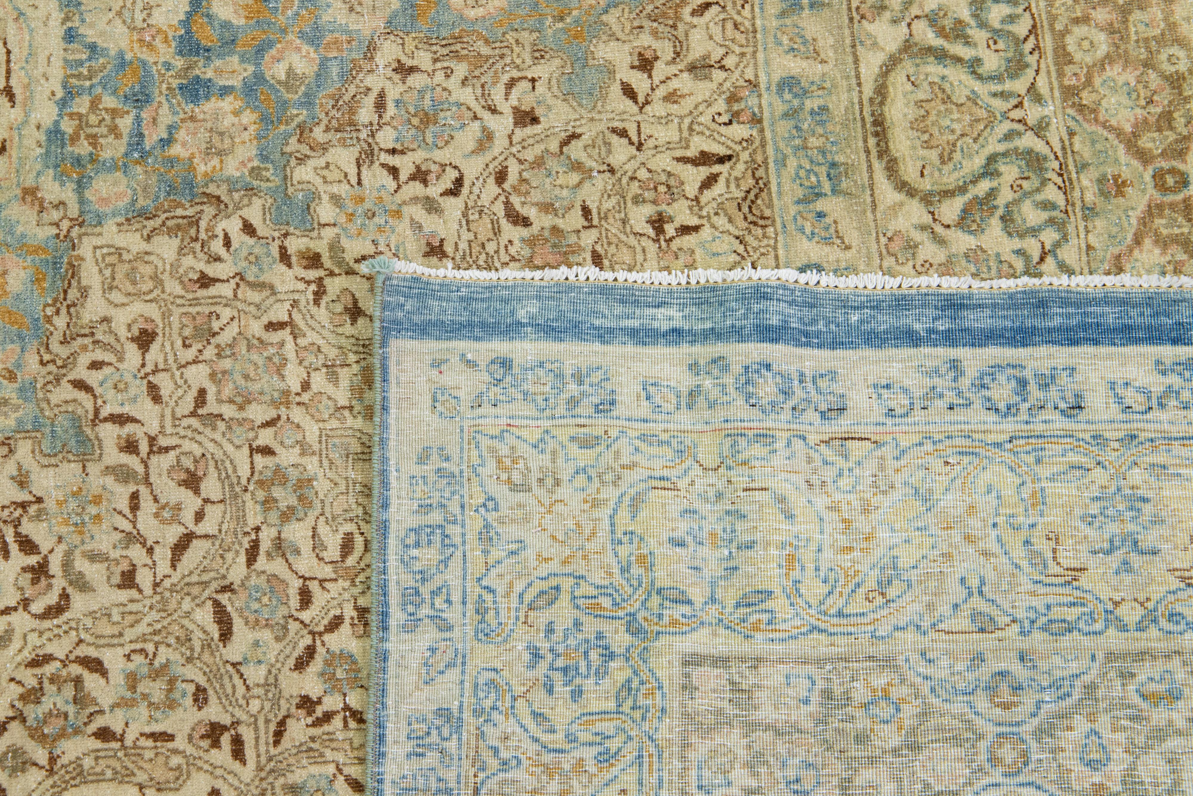 Blue Persian Antique Kerman Handmade Wool Rug With Rosette Design For Sale 2