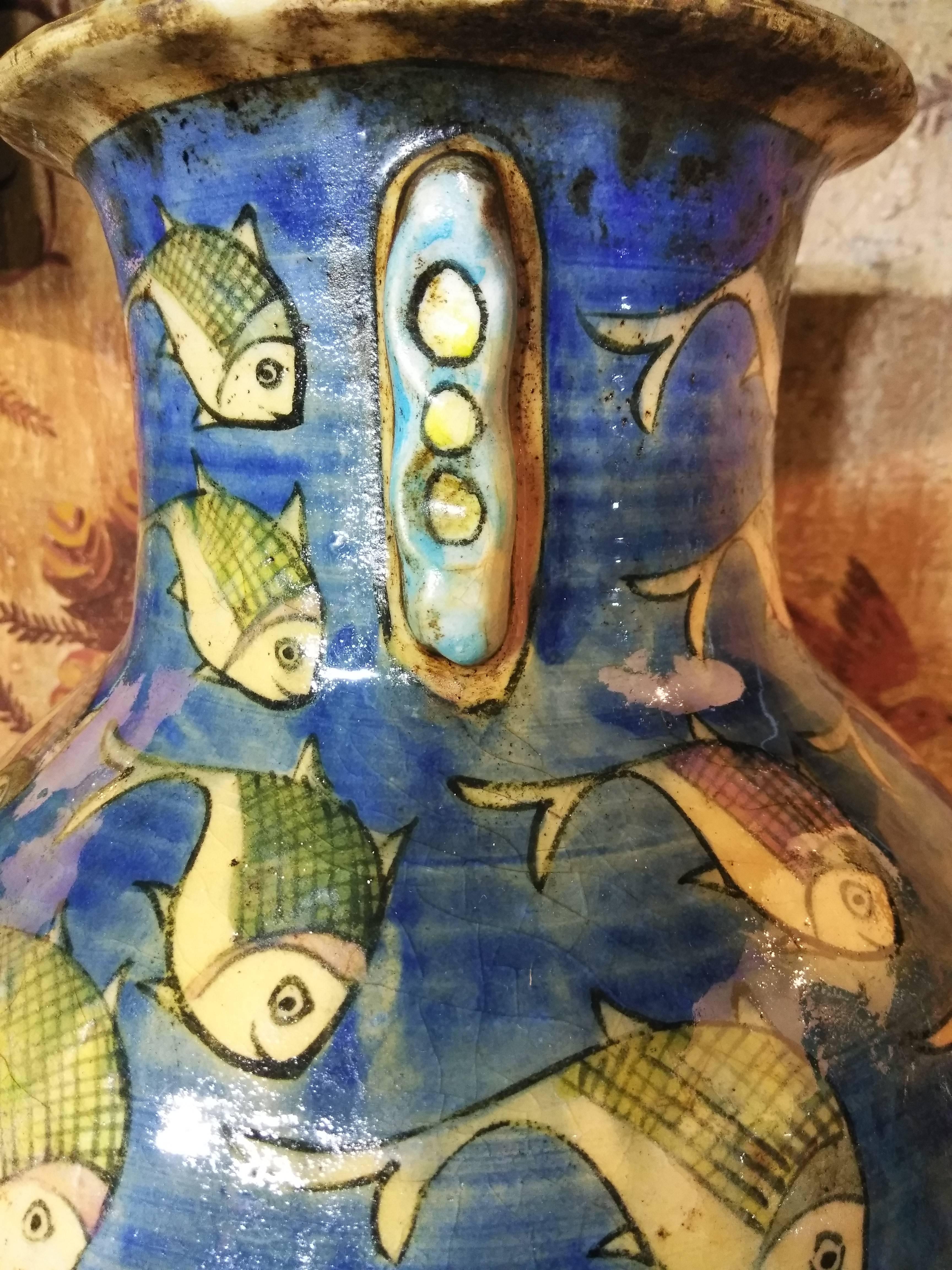 Mid-20th Century Blue Persian Ceramic Fish Vase
