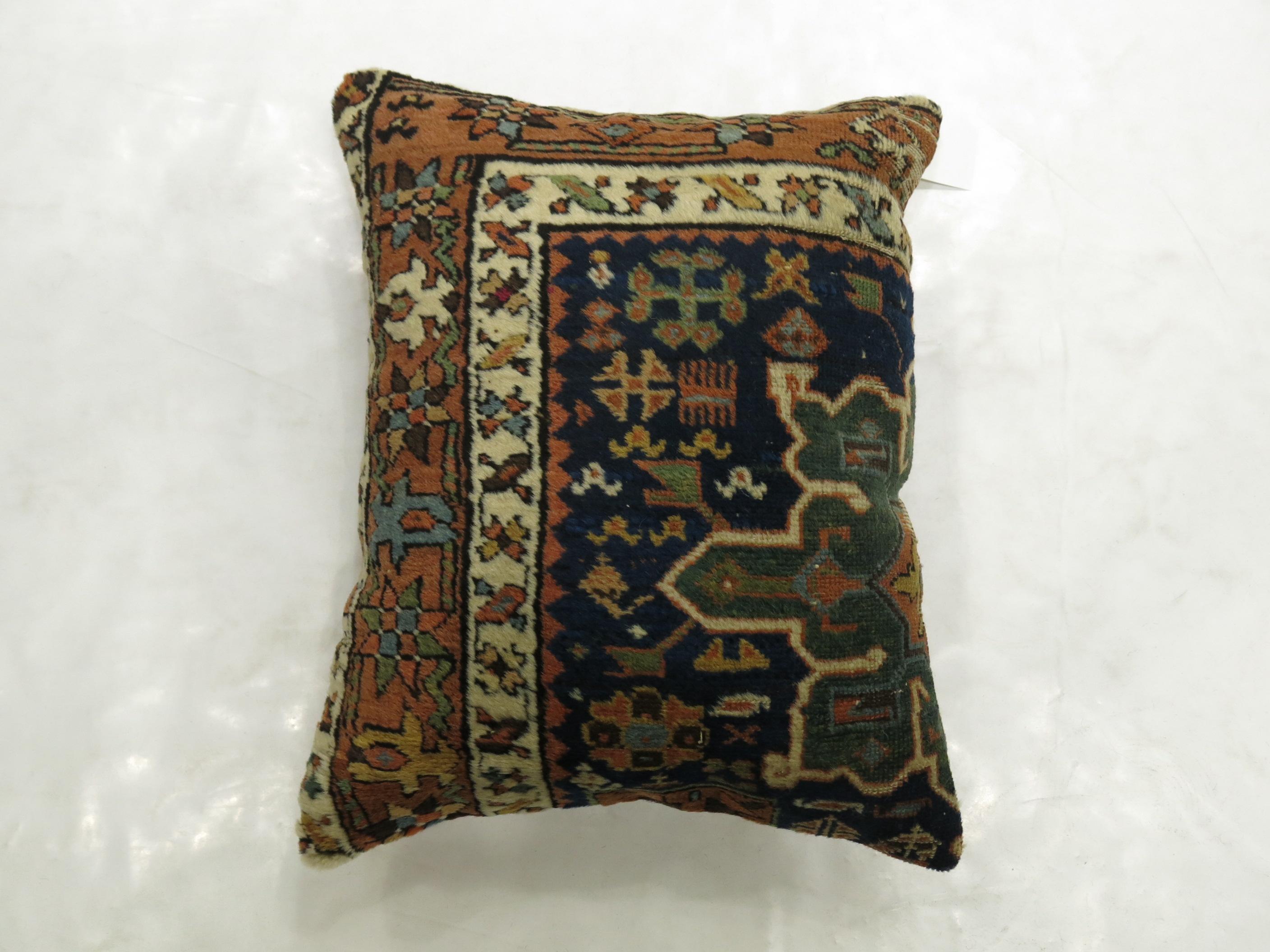 Hand-Woven Blue Persian Heriz Rug Pillow