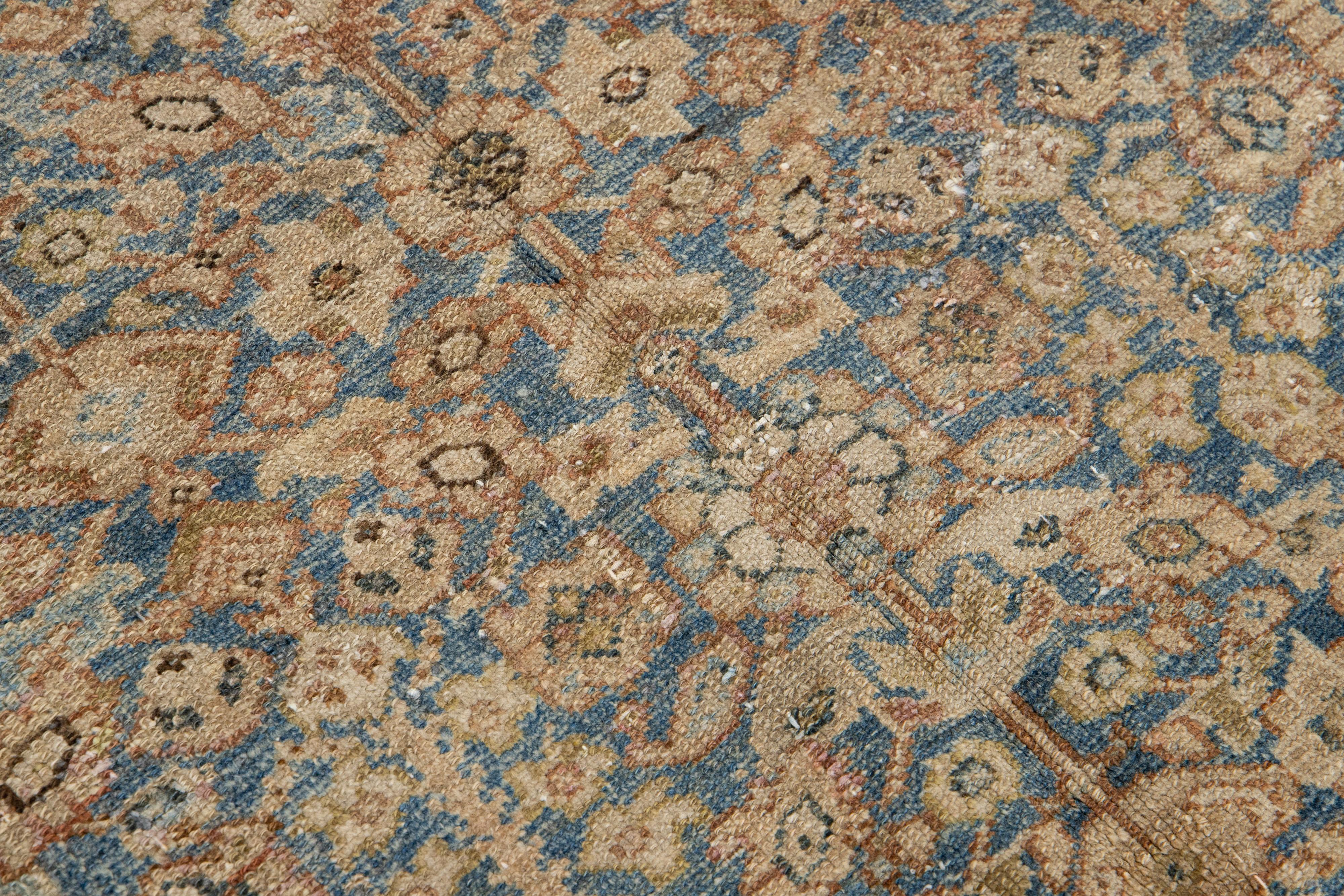 Hand-Knotted Blue Persian Malayer Wool Rug From the 1910s with Allover Floral Design For Sale