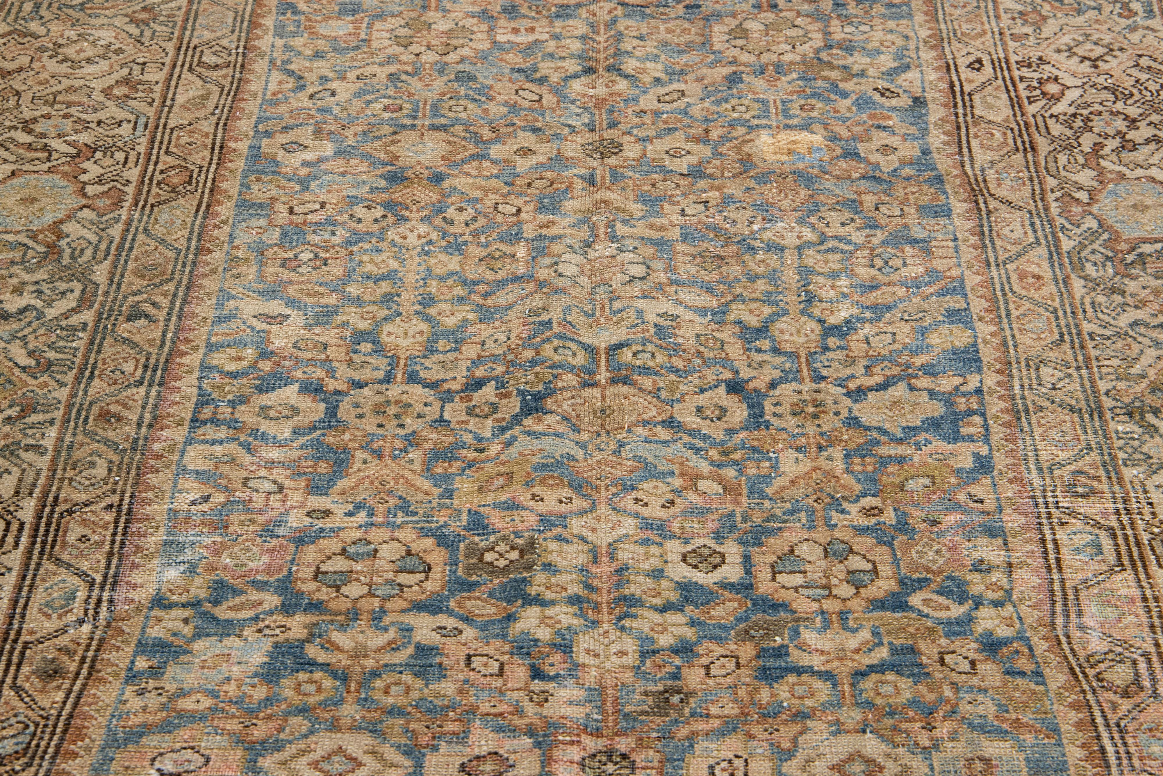 Blue Persian Malayer Wool Rug From the 1910s with Allover Floral Design In Excellent Condition For Sale In Norwalk, CT