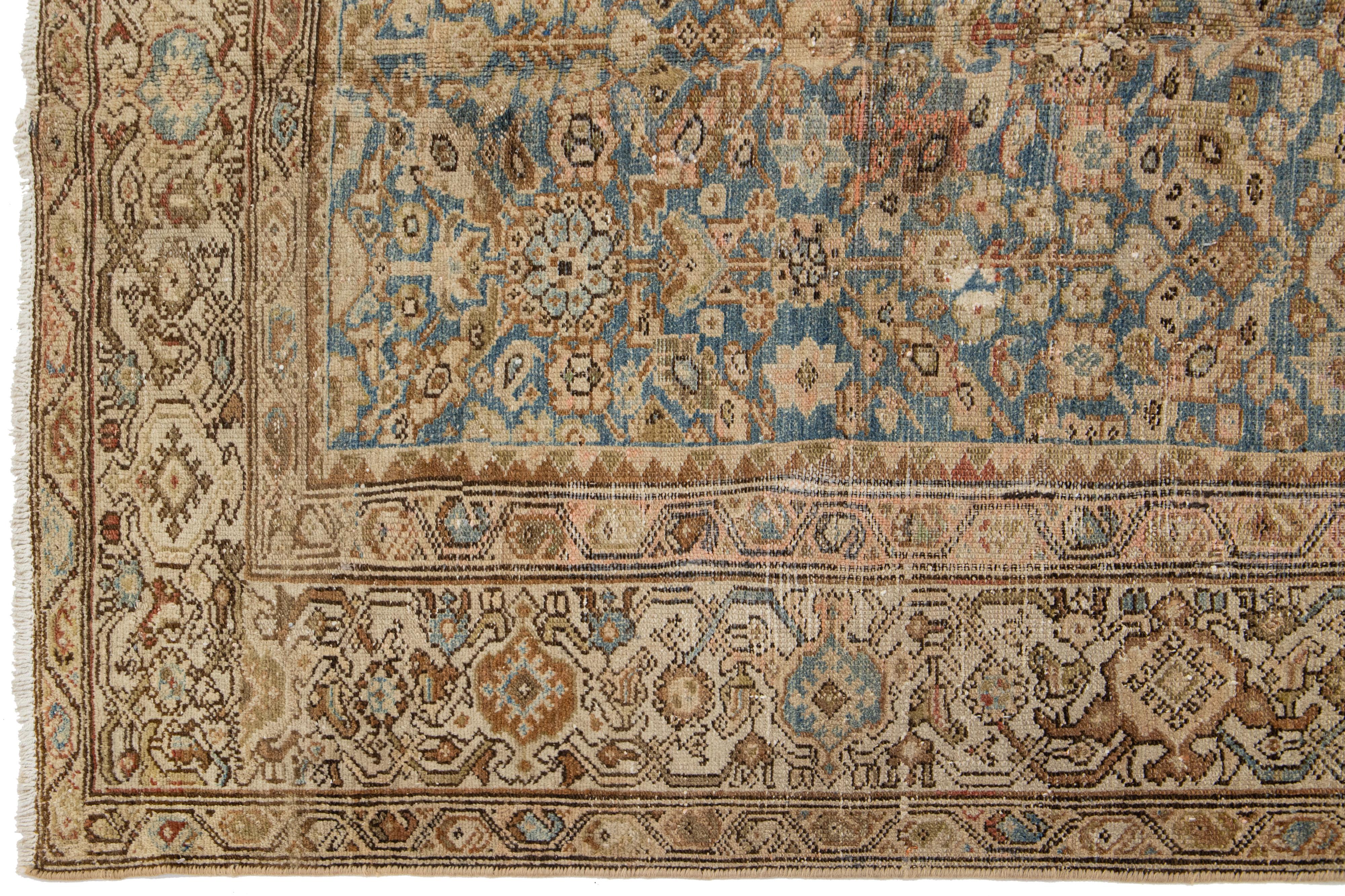 Early 20th Century Blue Persian Malayer Wool Rug From the 1910s with Allover Floral Design For Sale