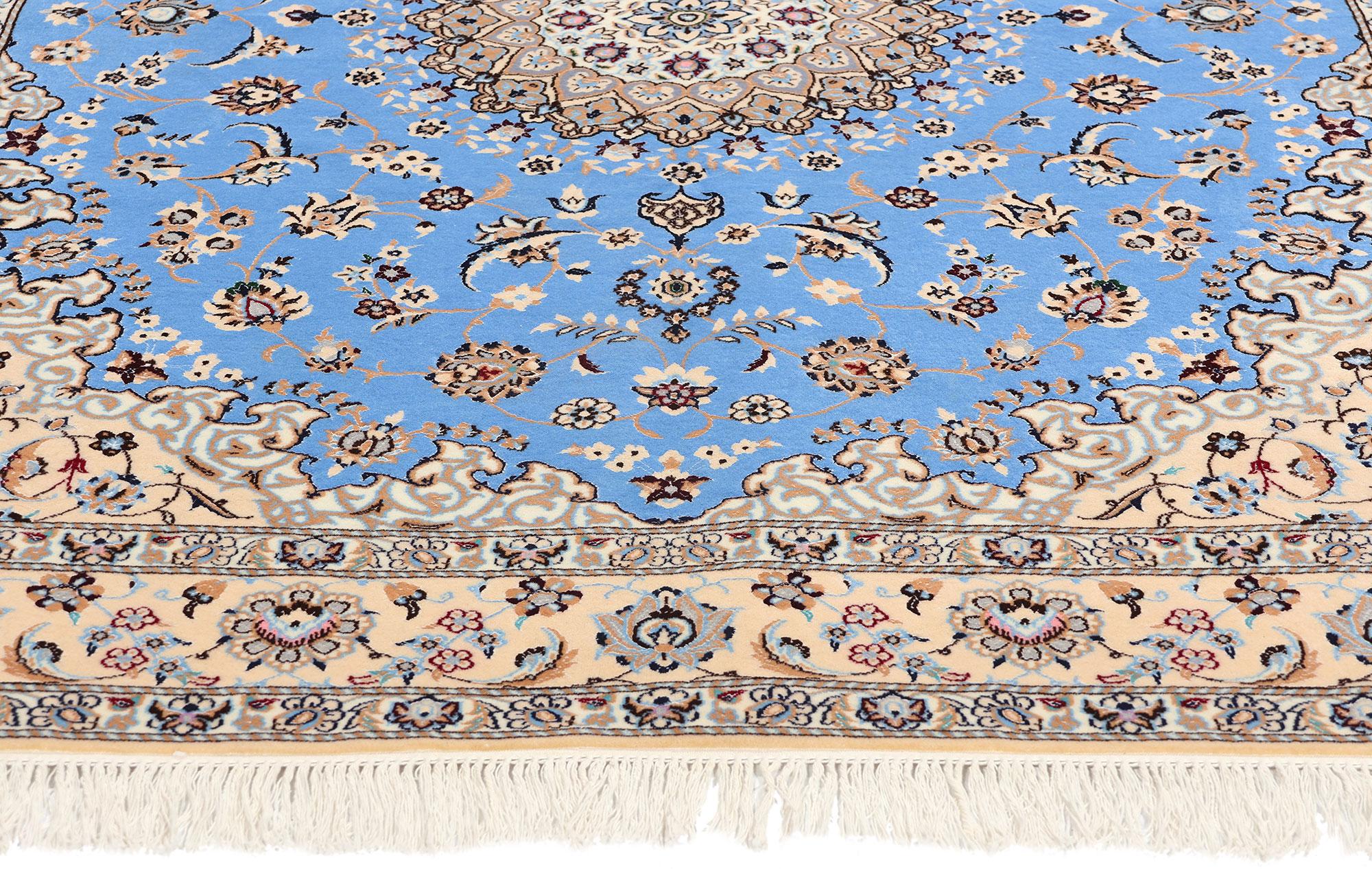 Hand-Knotted Blue Persian Nain 6La Kork Wool and Silk Rug Signed Habibian For Sale