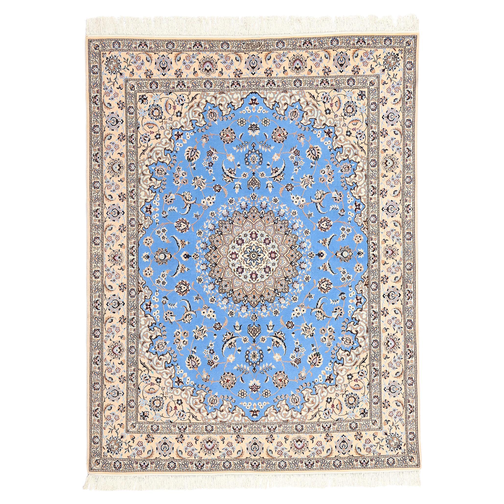 Blue Persian Nain 6La Kork Wool and Silk Rug Signed Habibian For Sale