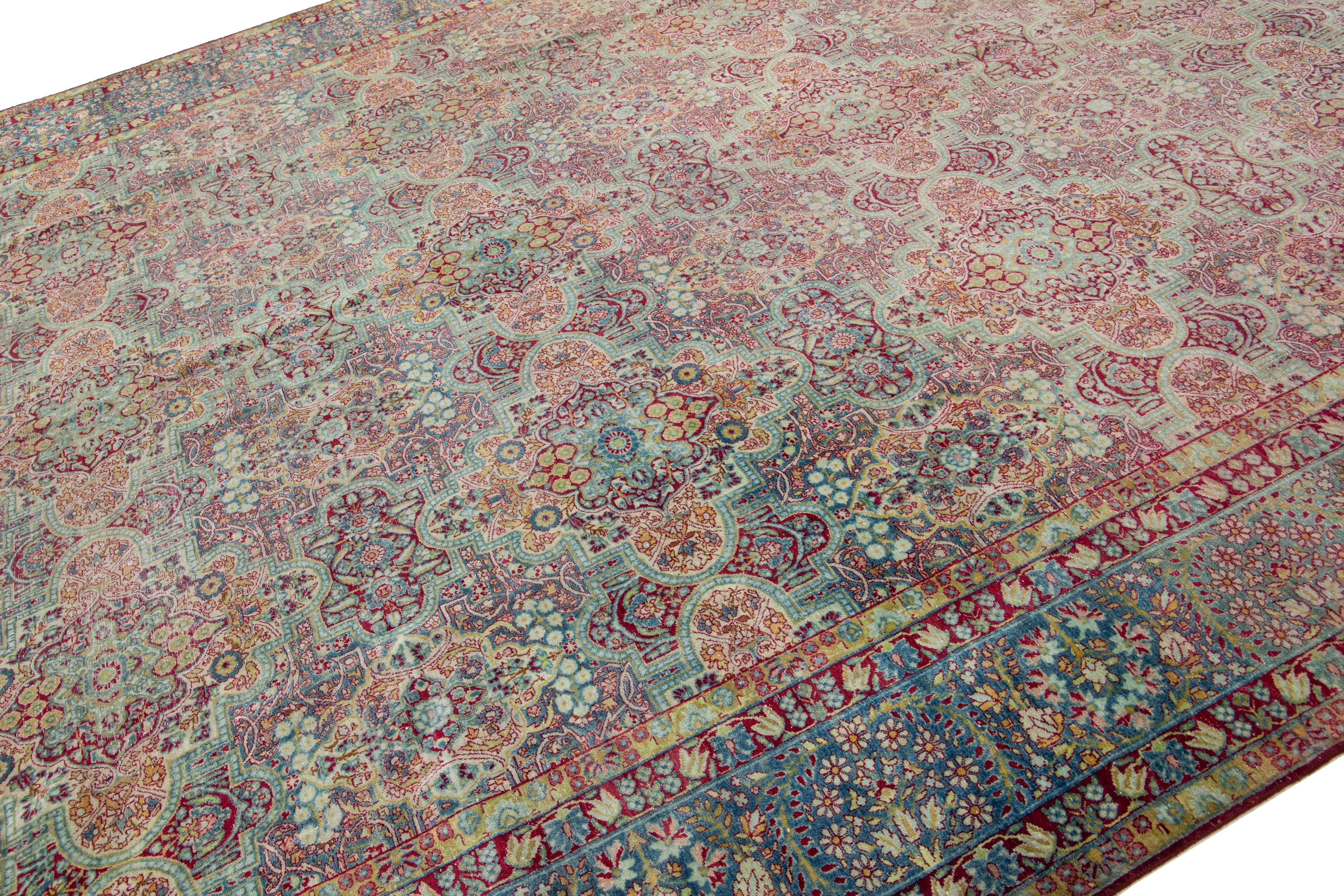 Hand-Knotted Blue Persian Tabriz Antique Wool Rug with Allover Floral Motif from the 1900's For Sale