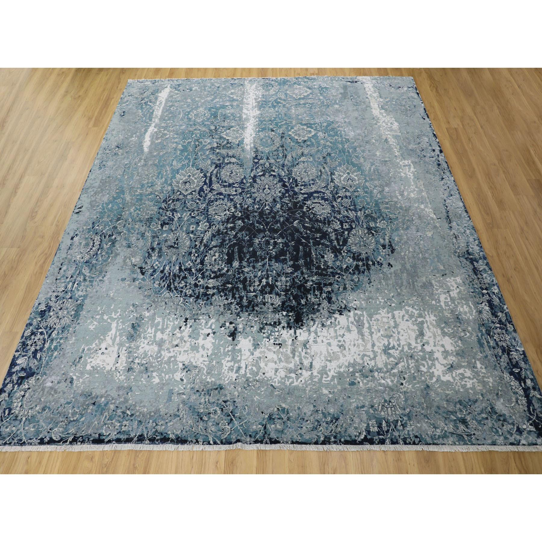 Blau Persisch Tabriz Erased Design Wolle & Seide Hand Made Quadrat Teppich 12'2