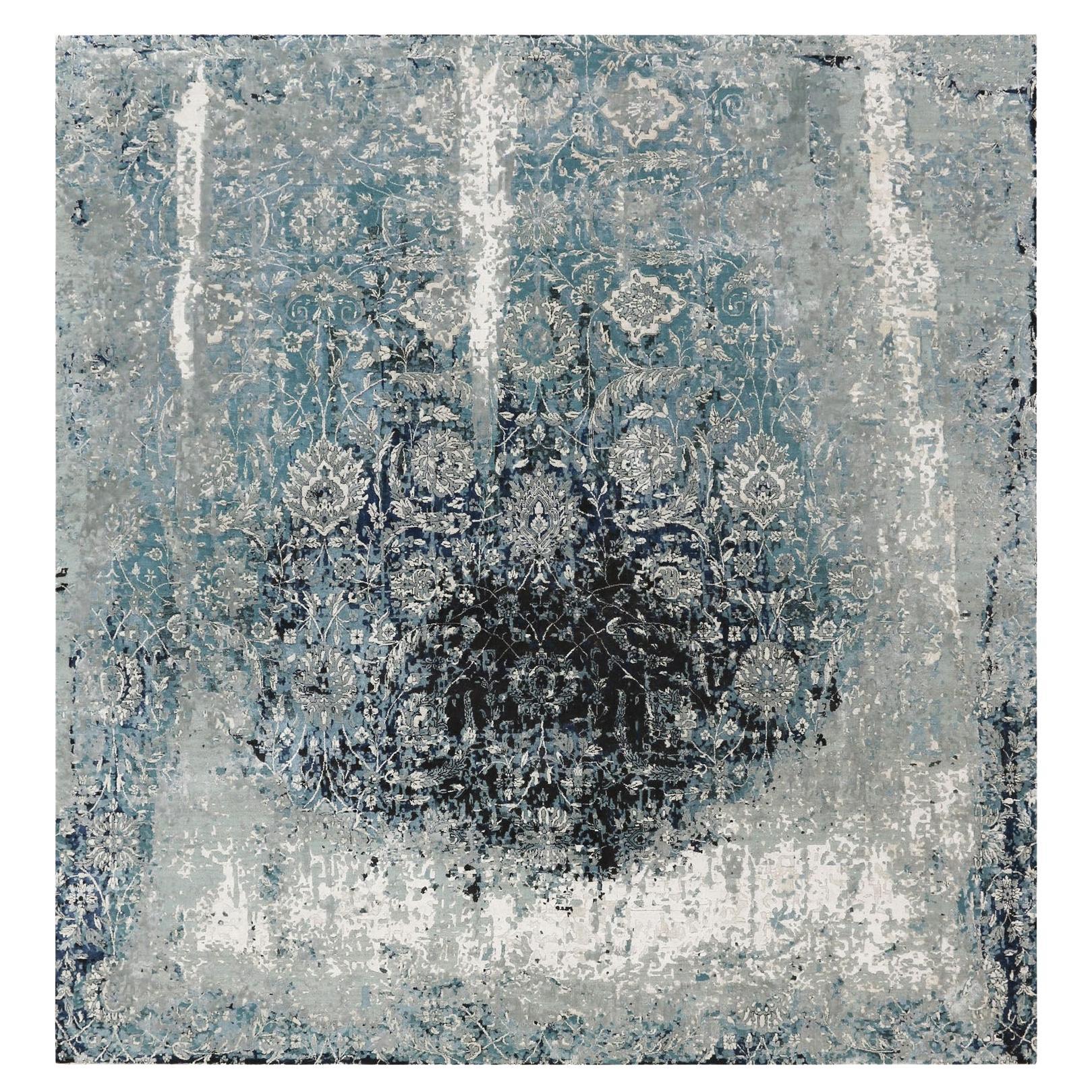 Tappeto quadrato blu persiano Tabriz Erased Design in lana e seta Hand Made 12'2" x 12'2"