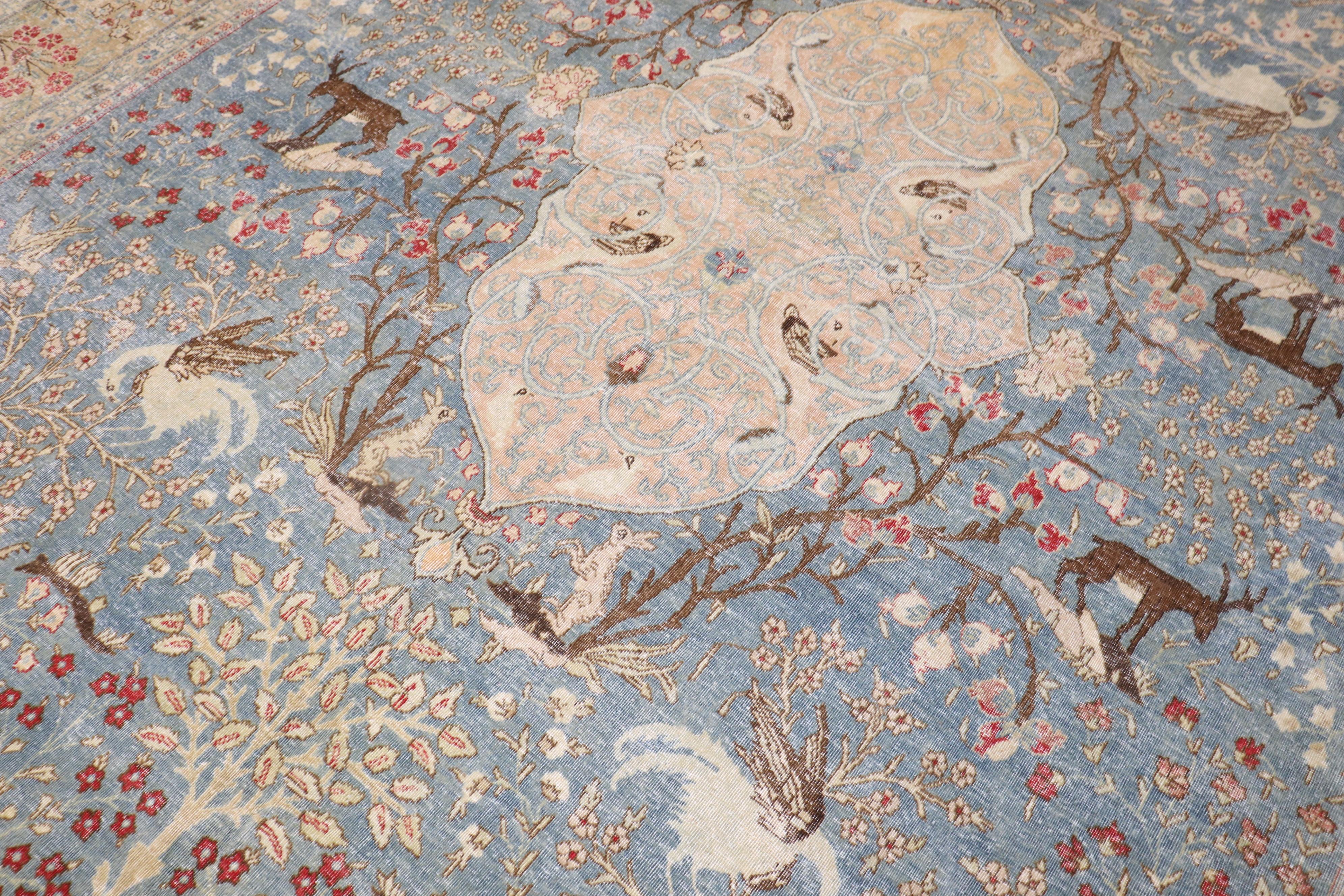 Blue Persian Tabriz Hunting Animal Pictorial Rug For Sale 3