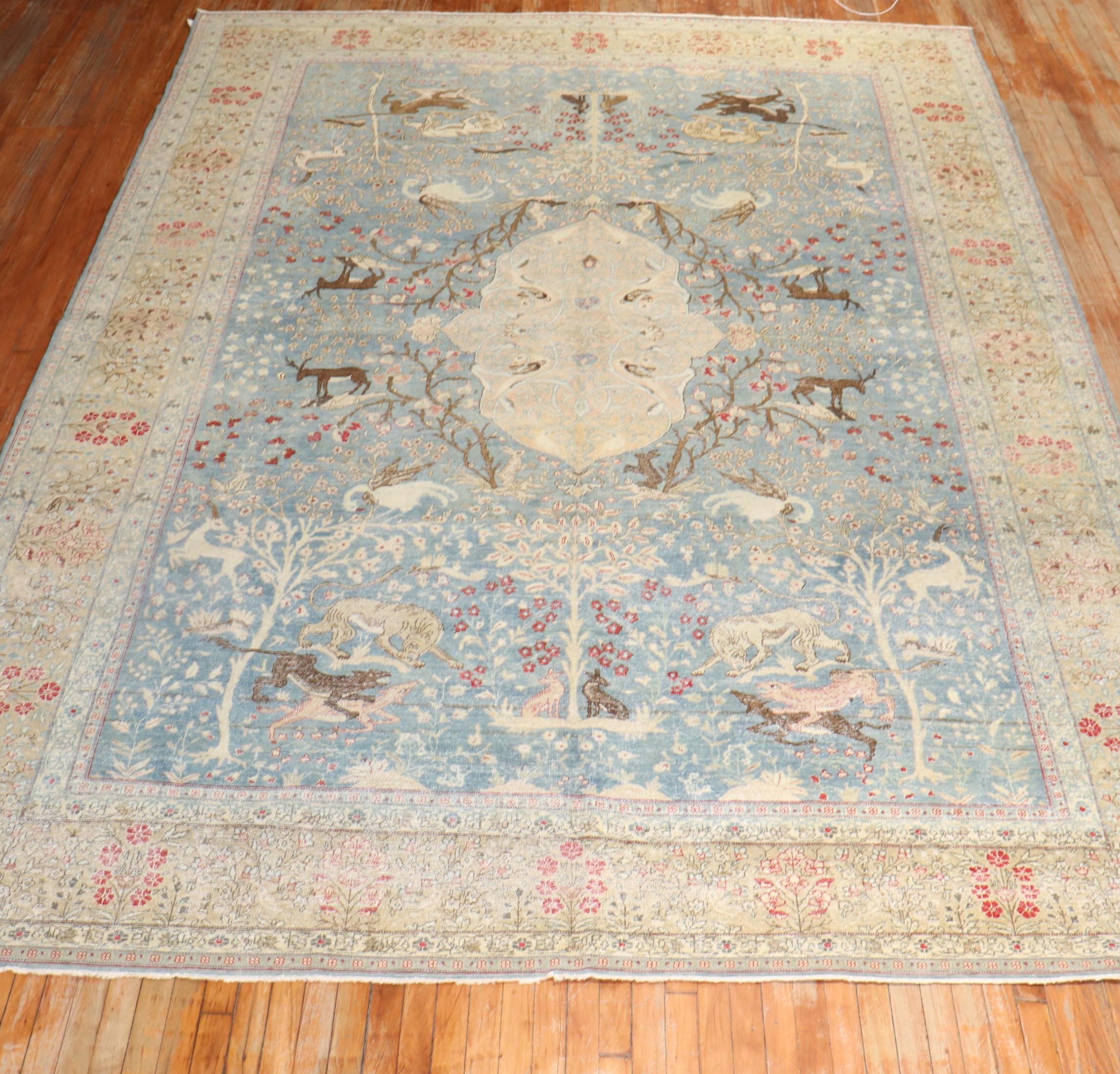 Blue Persian Tabriz Hunting Animal Pictorial Rug For Sale 4