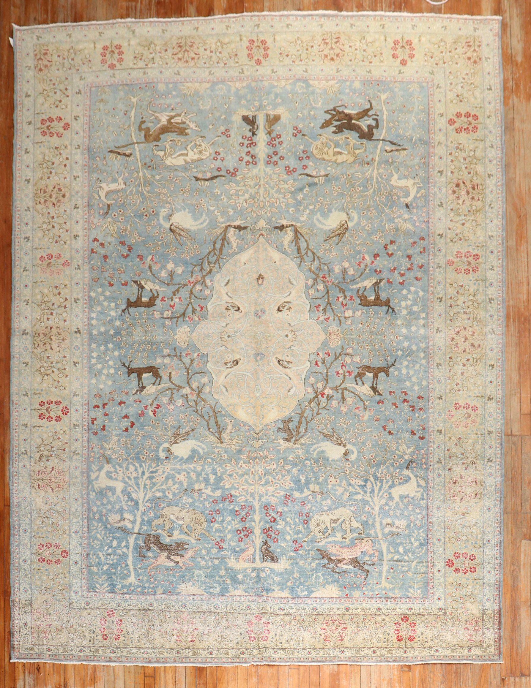 Blue Persian Tabriz Hunting Animal Pictorial Rug For Sale 5