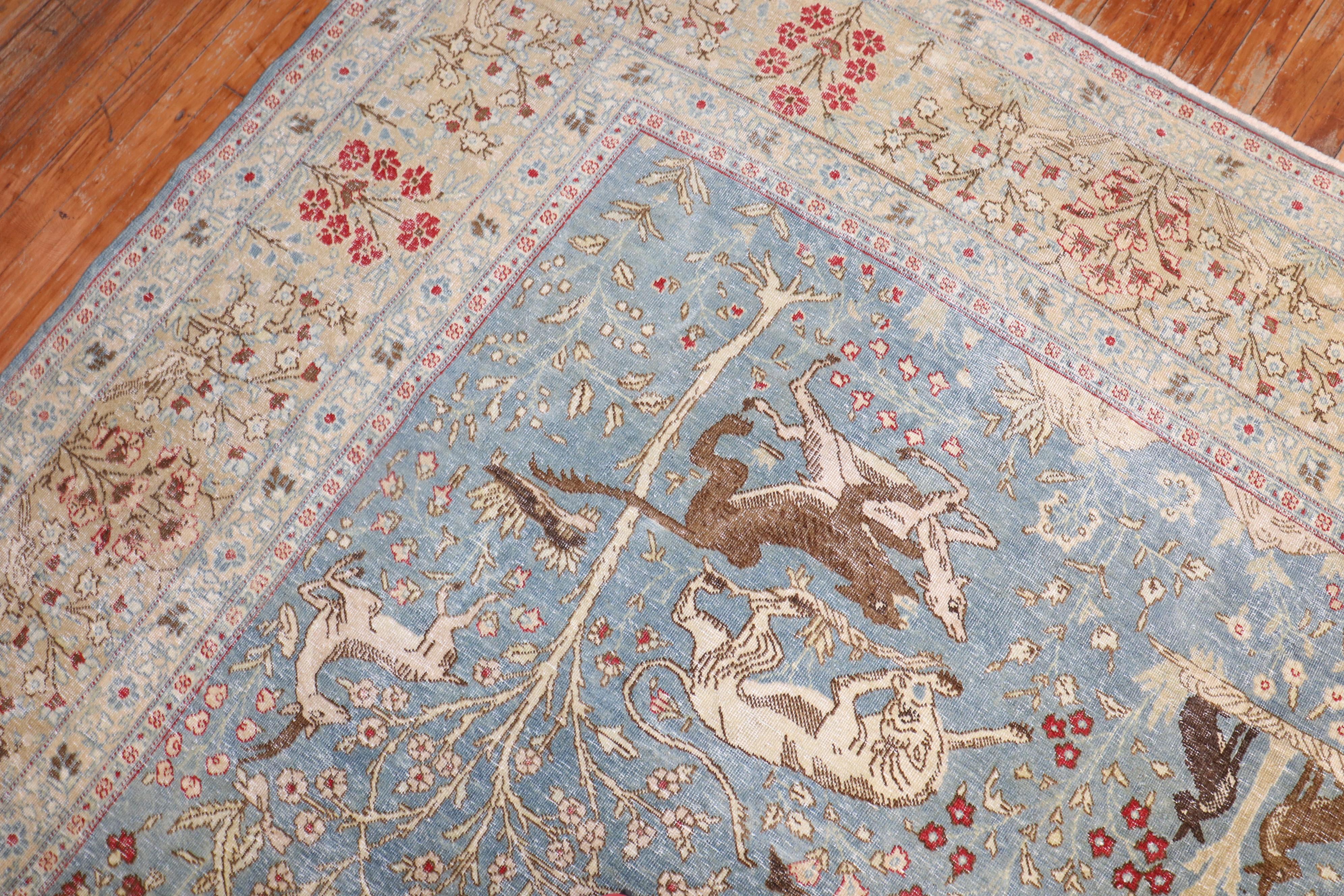 Blue Persian Tabriz Hunting Animal Pictorial Rug In Good Condition For Sale In New York, NY