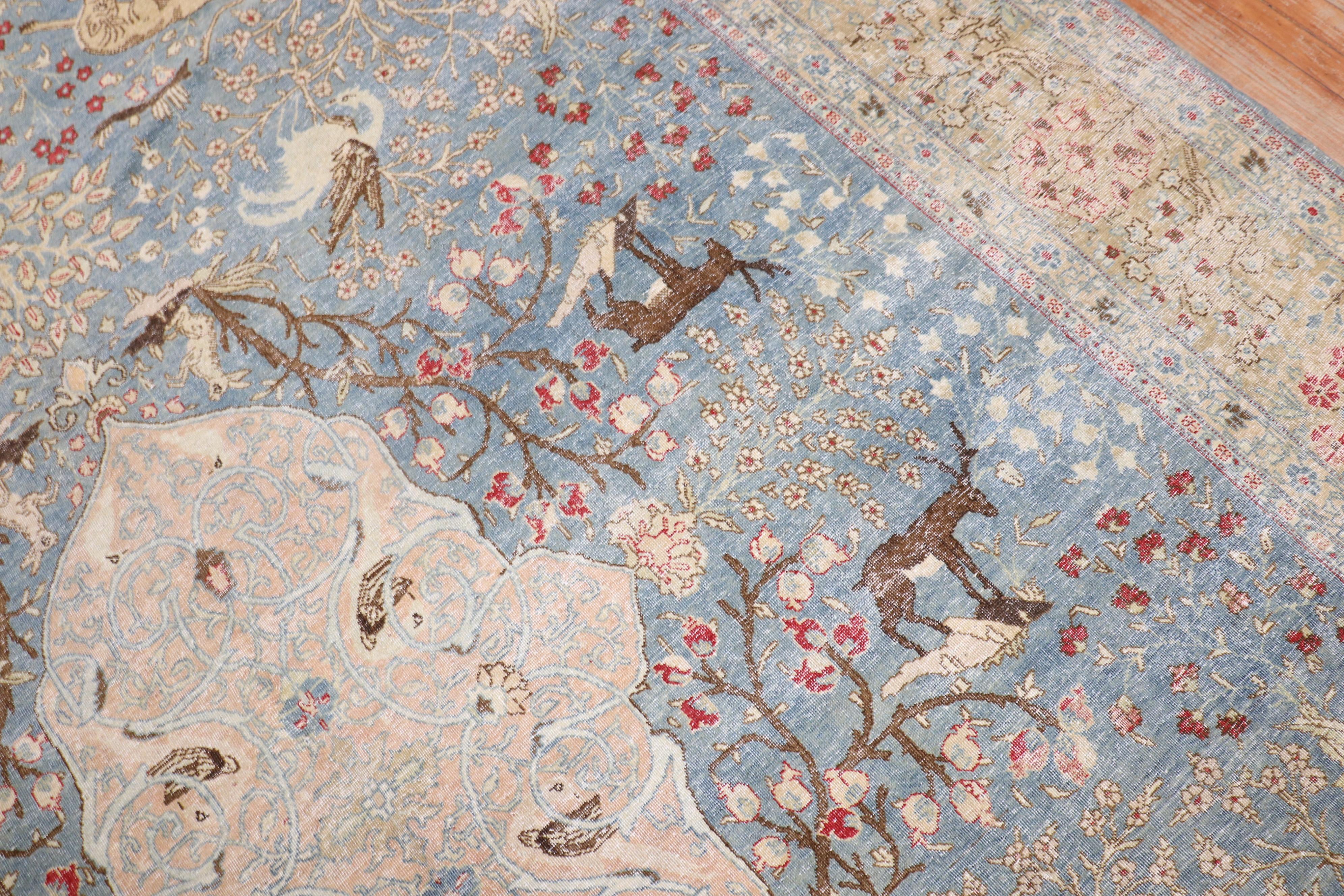 20th Century Blue Persian Tabriz Hunting Animal Pictorial Rug For Sale