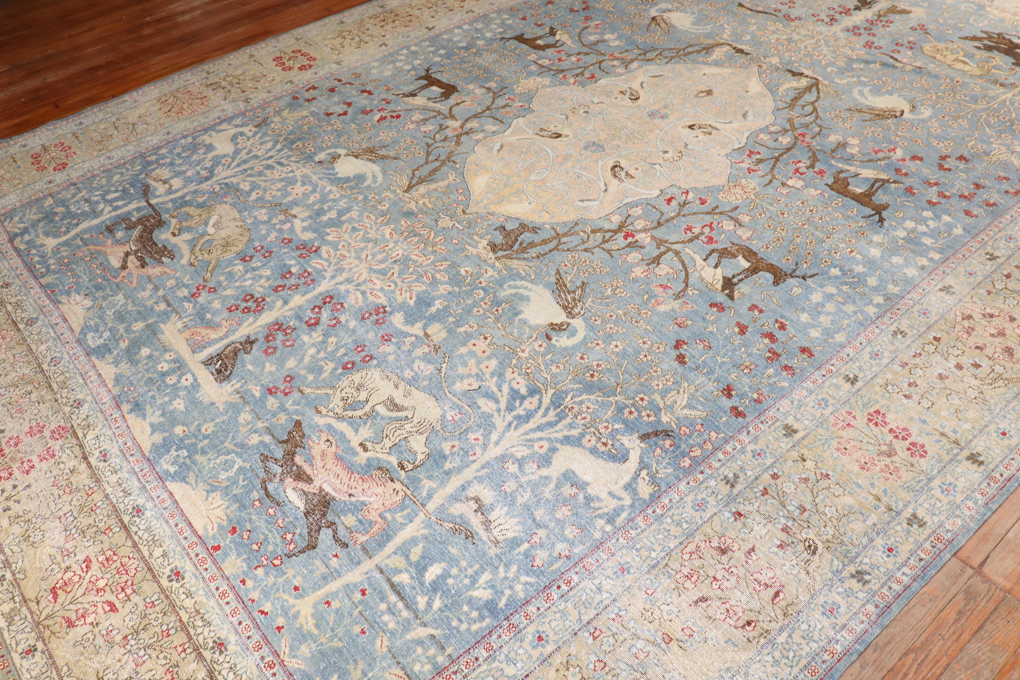 Blue Persian Tabriz Hunting Animal Pictorial Rug For Sale 1