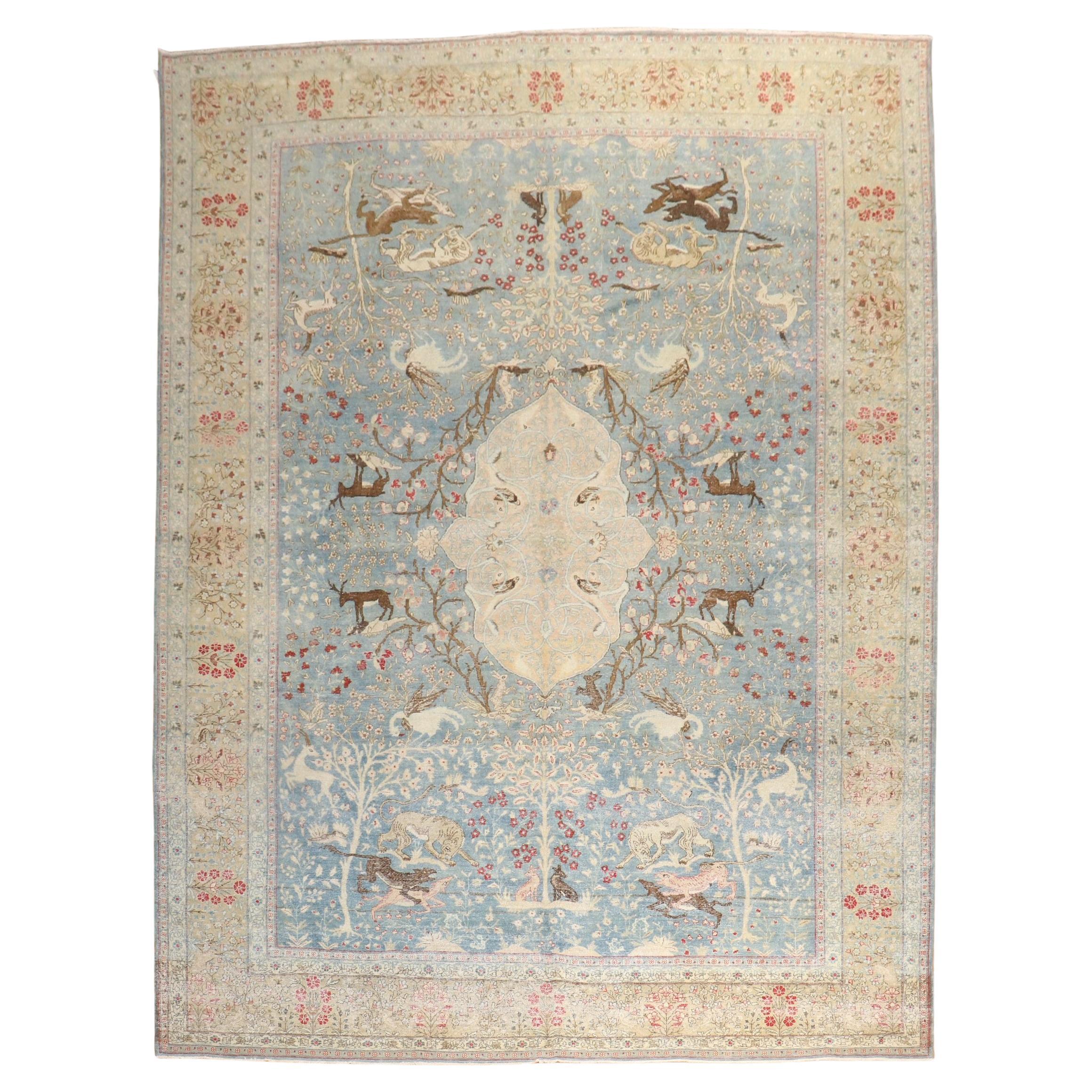 Blue Persian Tabriz Hunting Animal Pictorial Rug For Sale