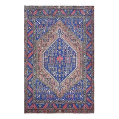 Blue Persian Tabriz with Encored Medallion Sheared Down Hand Knotted Wool Rug