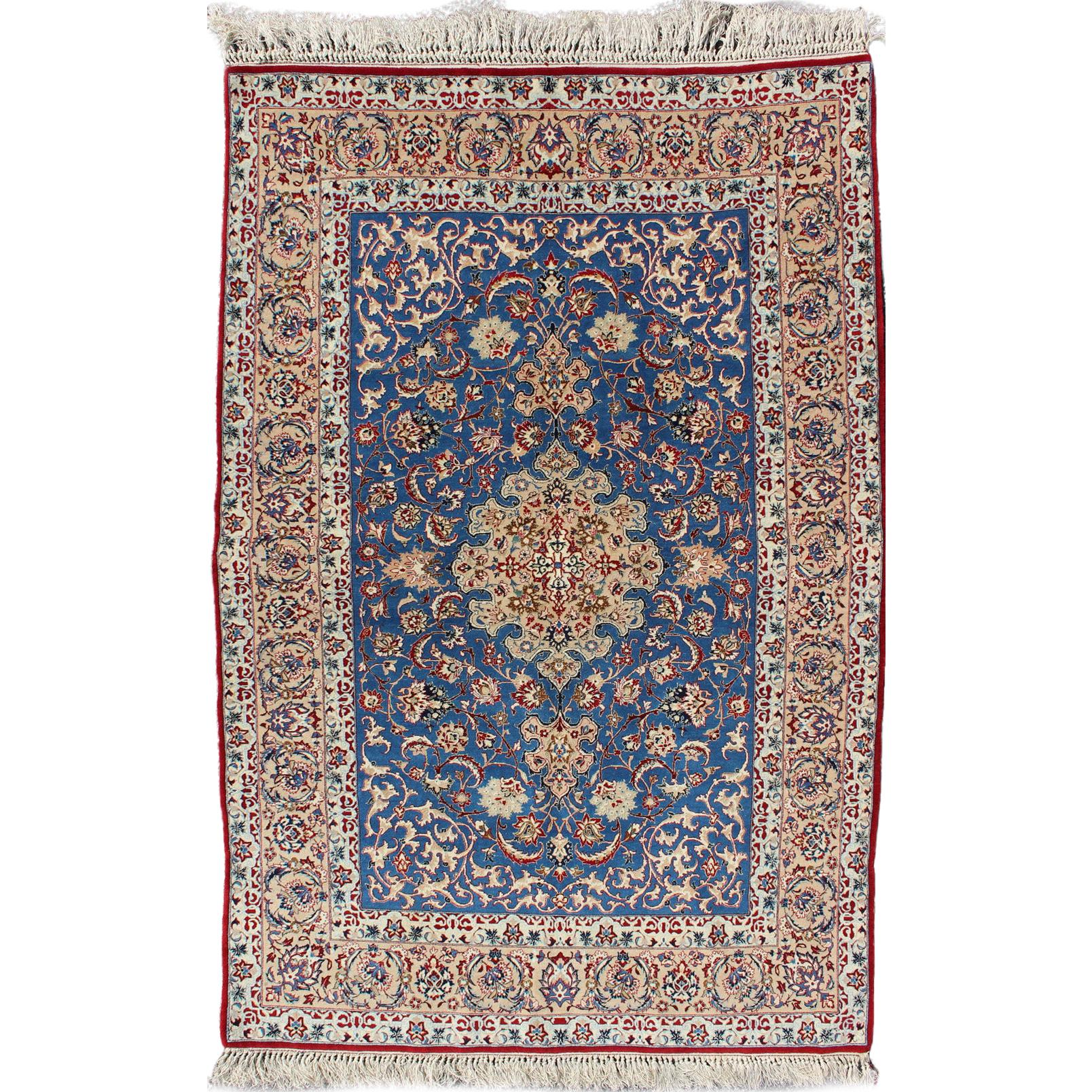 Very Fine Silk & Wool Isfahan Rug with Intricate Florals in Blue Persian  For Sale