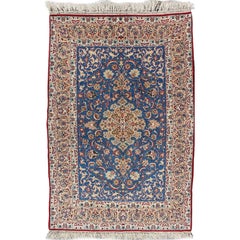Vintage Very Fine Silk & Wool Isfahan Rug with Intricate Florals in Blue Persian 