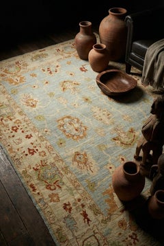 Blue Persian Wool Hand Knotted Rug 10 ft x 14 ft , Baby Blue Oushak Geometry