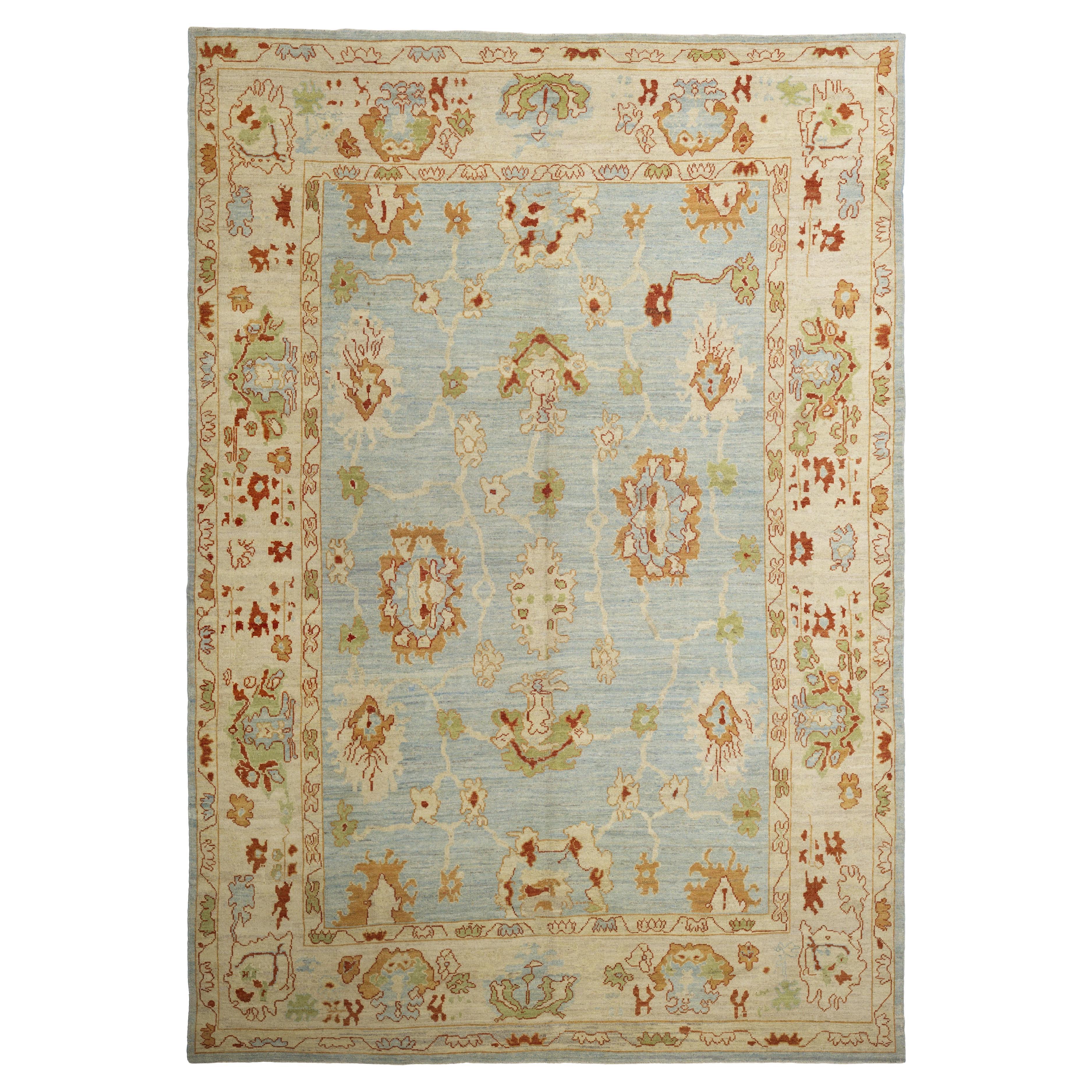 Blue Persian Wool Hand Knotted Rug 10 ft x 14 ft , Baby Blue Oushak Geometry For Sale