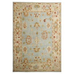 Blue Persian Wool Hand Knotted Rug 10 ft x 14 ft , Baby Blue Oushak Geometry