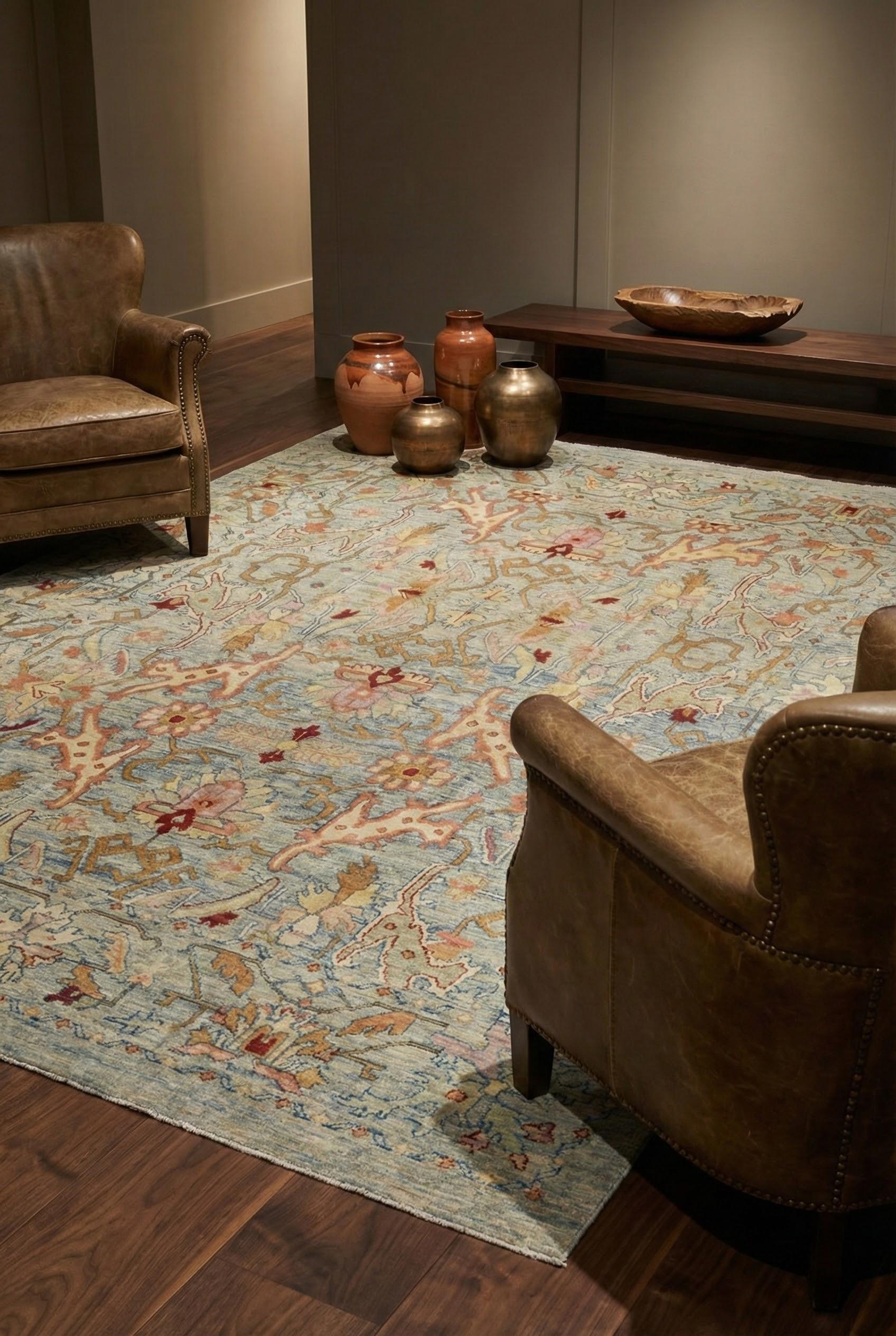 Sultanabad Blue Persian Wool Hand Knotted Rug 11 ft x 16 ft , Soft Peach Geometry For Sale