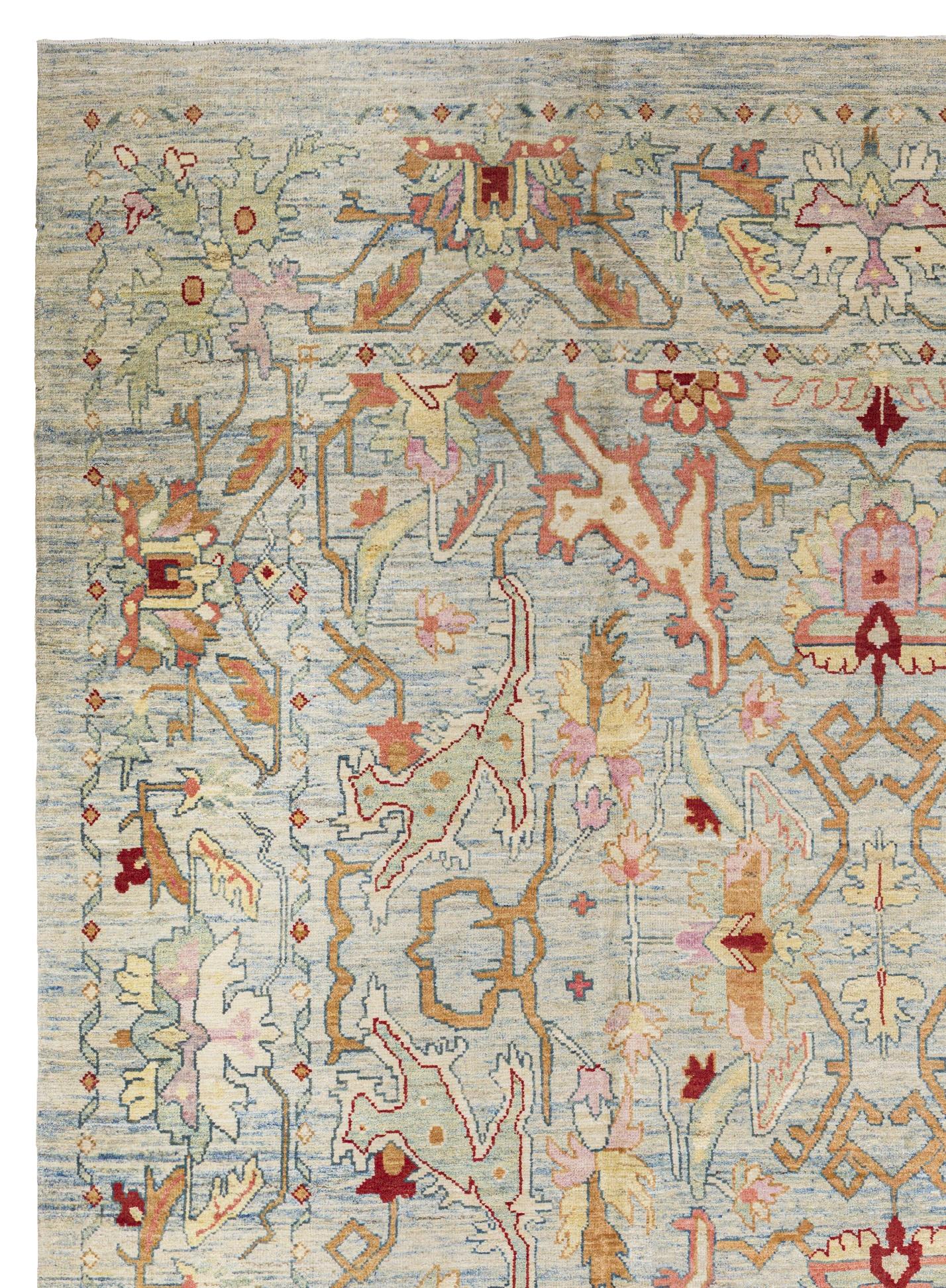 Hand-Woven Blue Persian Wool Hand Knotted Rug 11 ft x 16 ft , Soft Peach Geometry For Sale