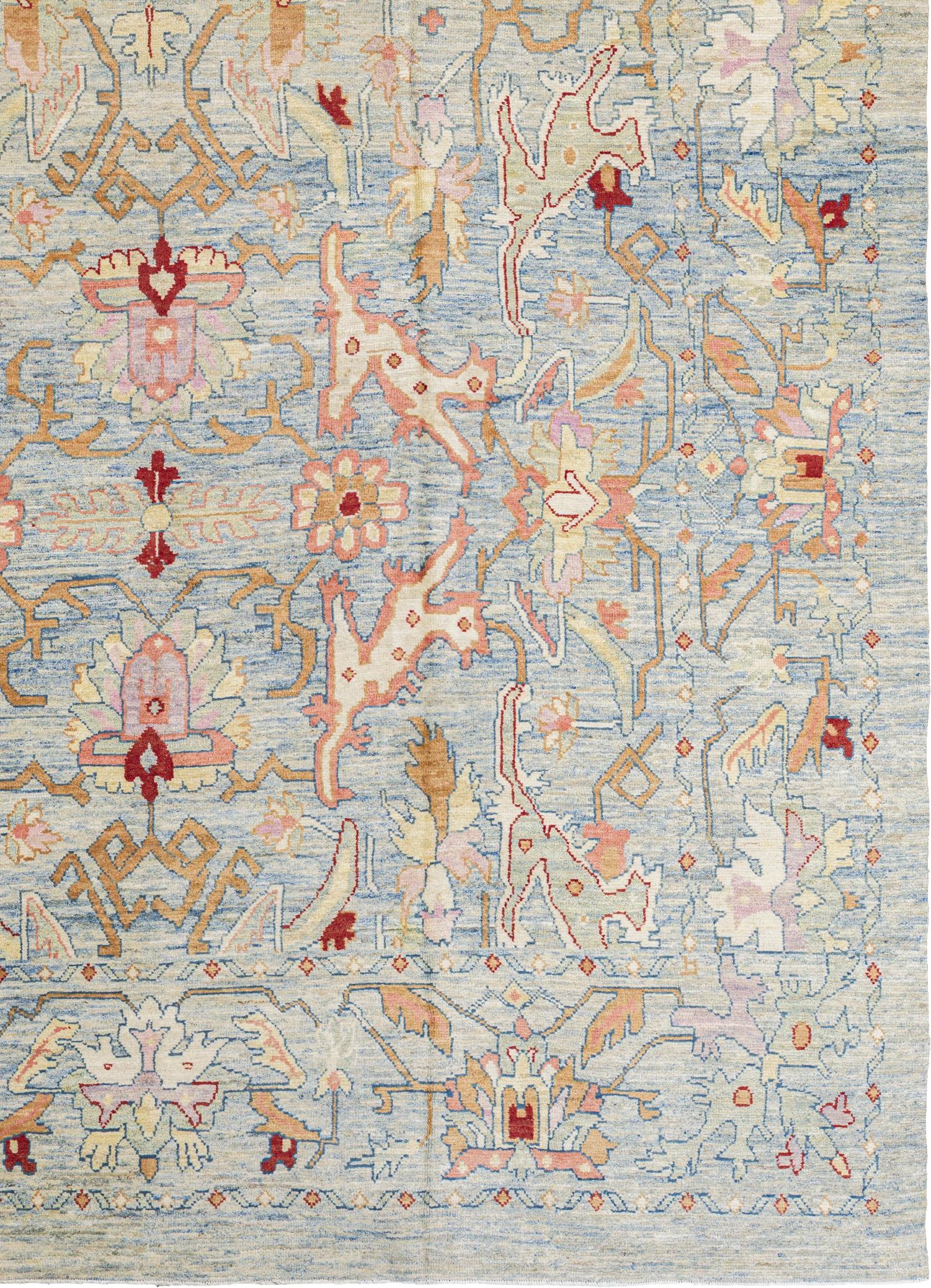 Blue Persian Wool Hand Knotted Rug 11 ft x 16 ft , Soft Peach Geometry In Excellent Condition For Sale In Dallas, TX