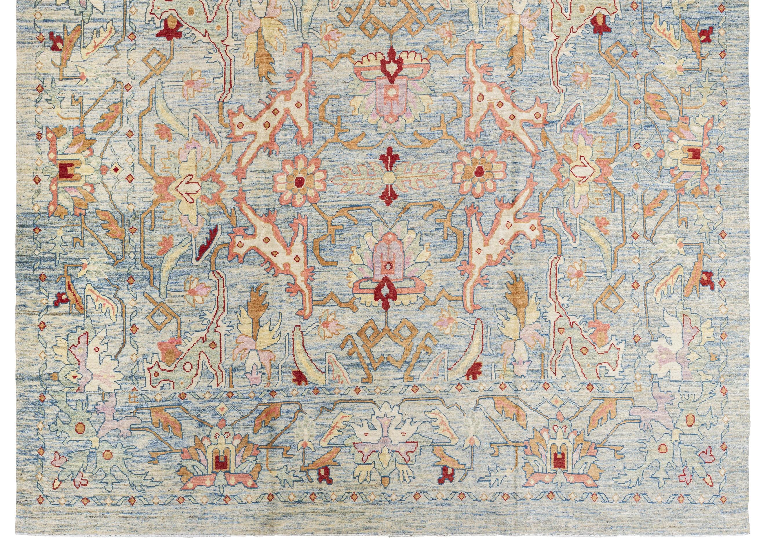 Contemporary Blue Persian Wool Hand Knotted Rug 11 ft x 16 ft , Soft Peach Geometry For Sale