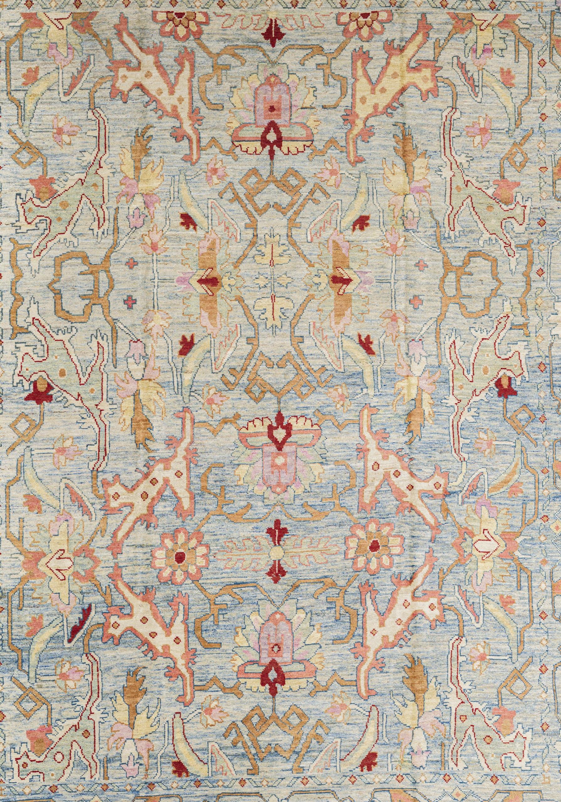 Blue Persian Wool Hand Knotted Rug 11 ft x 16 ft , Soft Peach Geometry For Sale 1