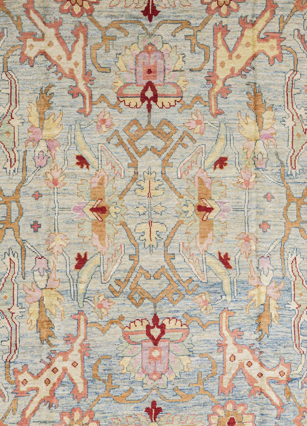 Blue Persian Wool Hand Knotted Rug 11 ft x 16 ft , Soft Peach Geometry For Sale 2