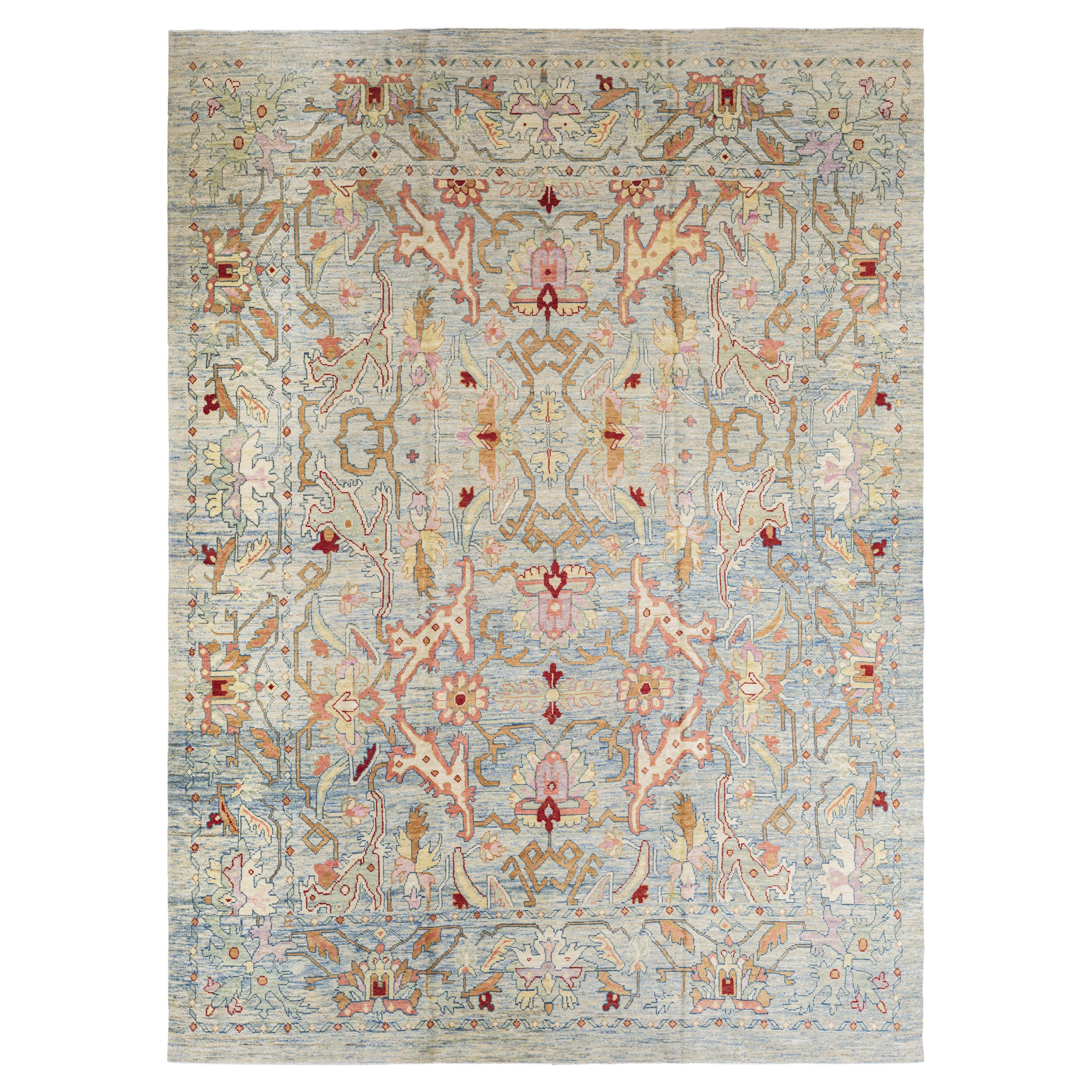 Blue Persian Wool Hand Knotted Rug 11 ft x 16 ft , Soft Peach Geometry For Sale