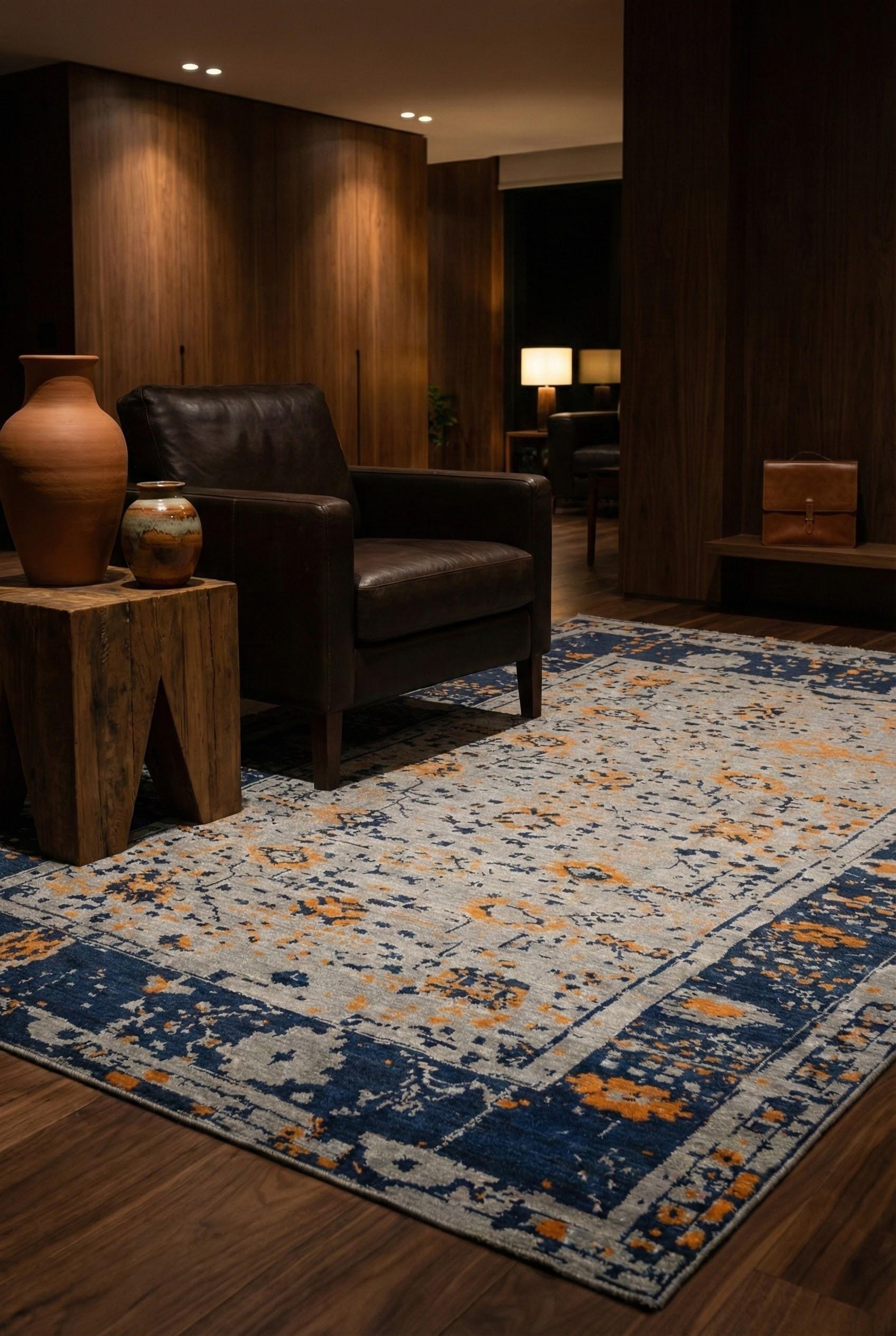 Oushak Blue Persian Wool Hand Knotted Rug 12 ft x 15 ft, Indigo Ember Geometry For Sale