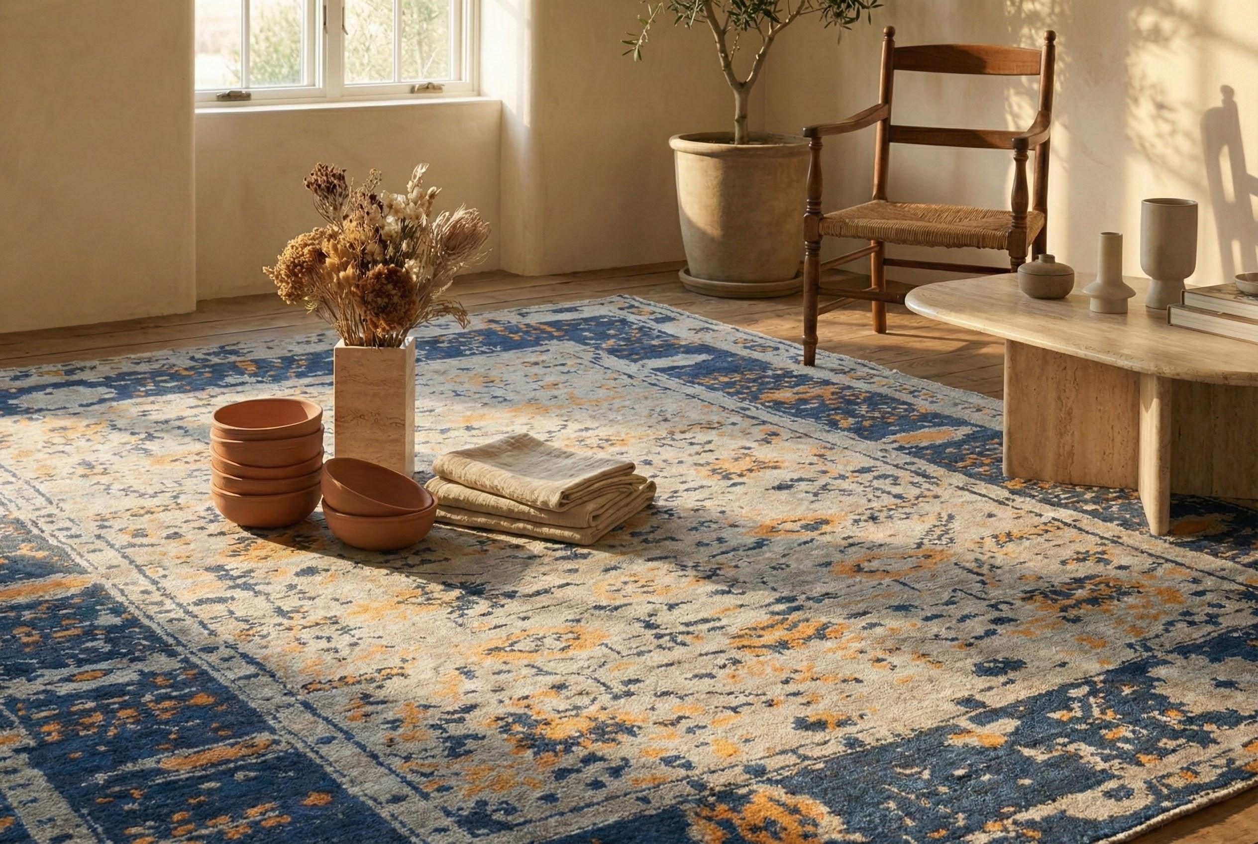 Hand-Woven Blue Persian Wool Hand Knotted Rug 12 ft x 15 ft, Indigo Ember Geometry For Sale