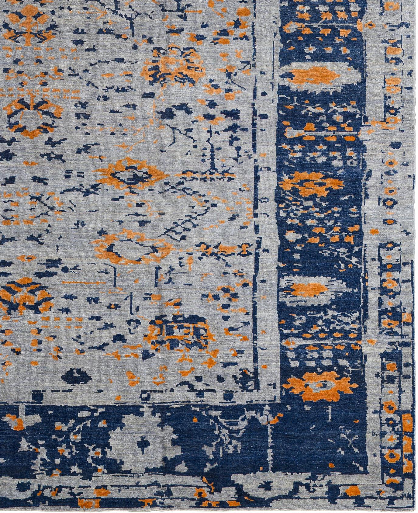 Blue Persian Wool Hand Knotted Rug 12 ft x 15 ft, Indigo Ember Geometry In Excellent Condition For Sale In Dallas, TX