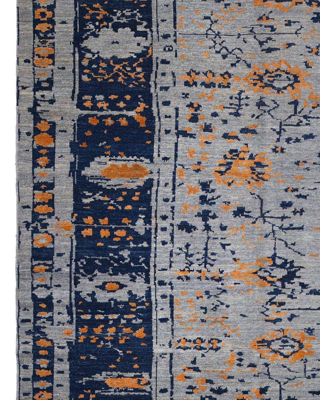 Late 20th Century Blue Persian Wool Hand Knotted Rug 12 ft x 15 ft, Indigo Ember Geometry For Sale