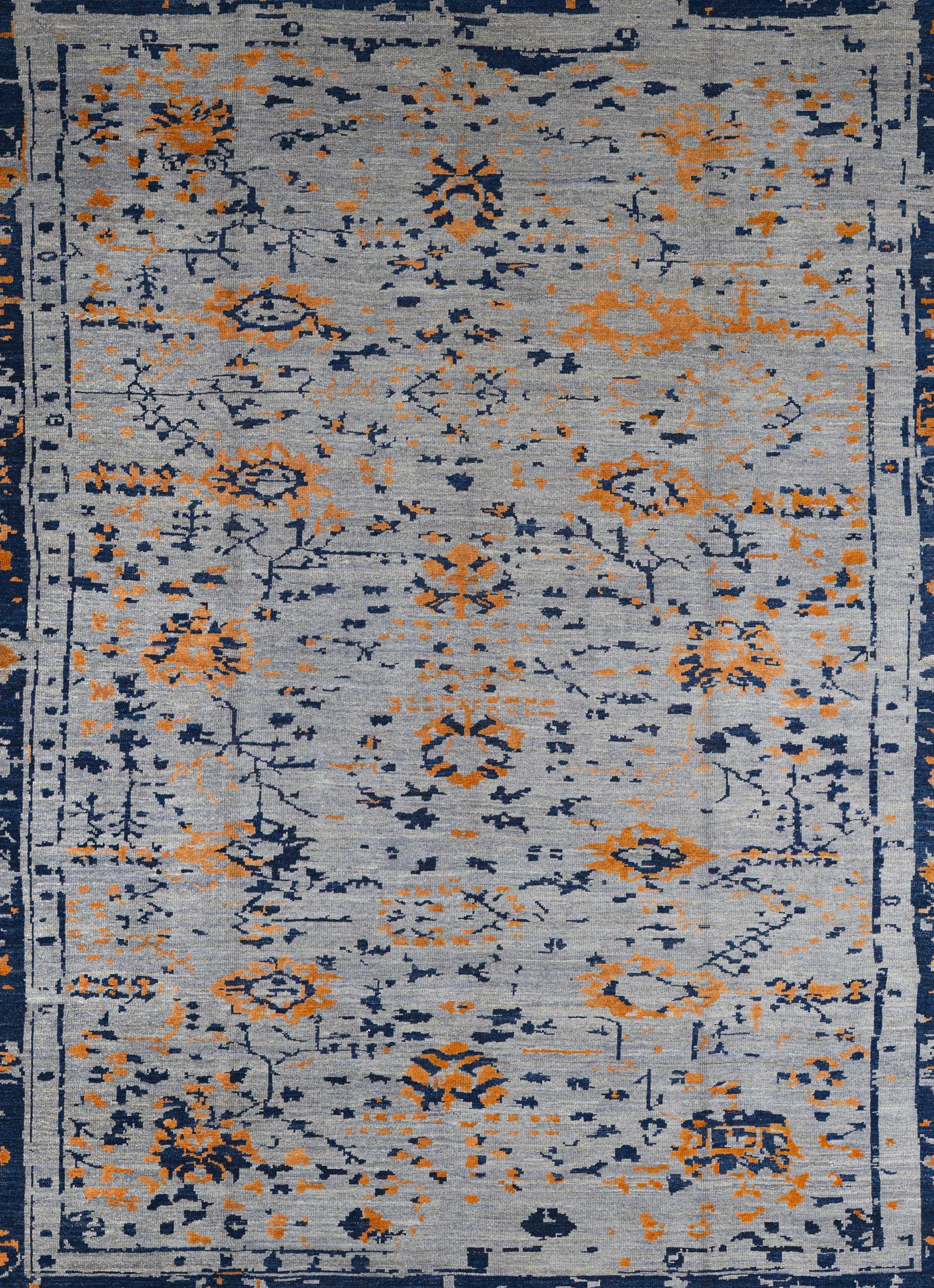 Blue Persian Wool Hand Knotted Rug 12 ft x 15 ft, Indigo Ember Geometry For Sale 1