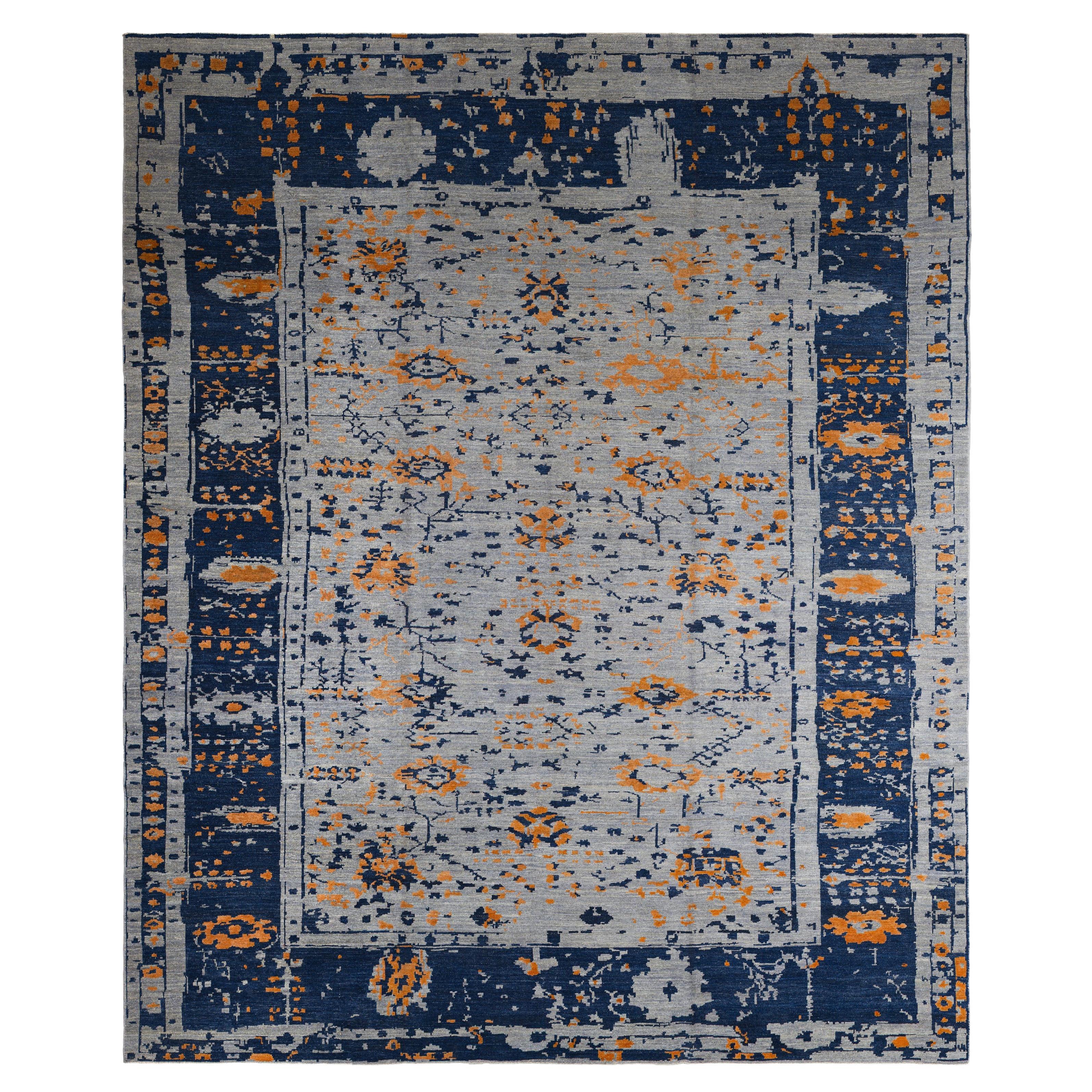 Blue Persian Wool Hand Knotted Rug 12 ft x 15 ft, Indigo Ember Geometry For Sale