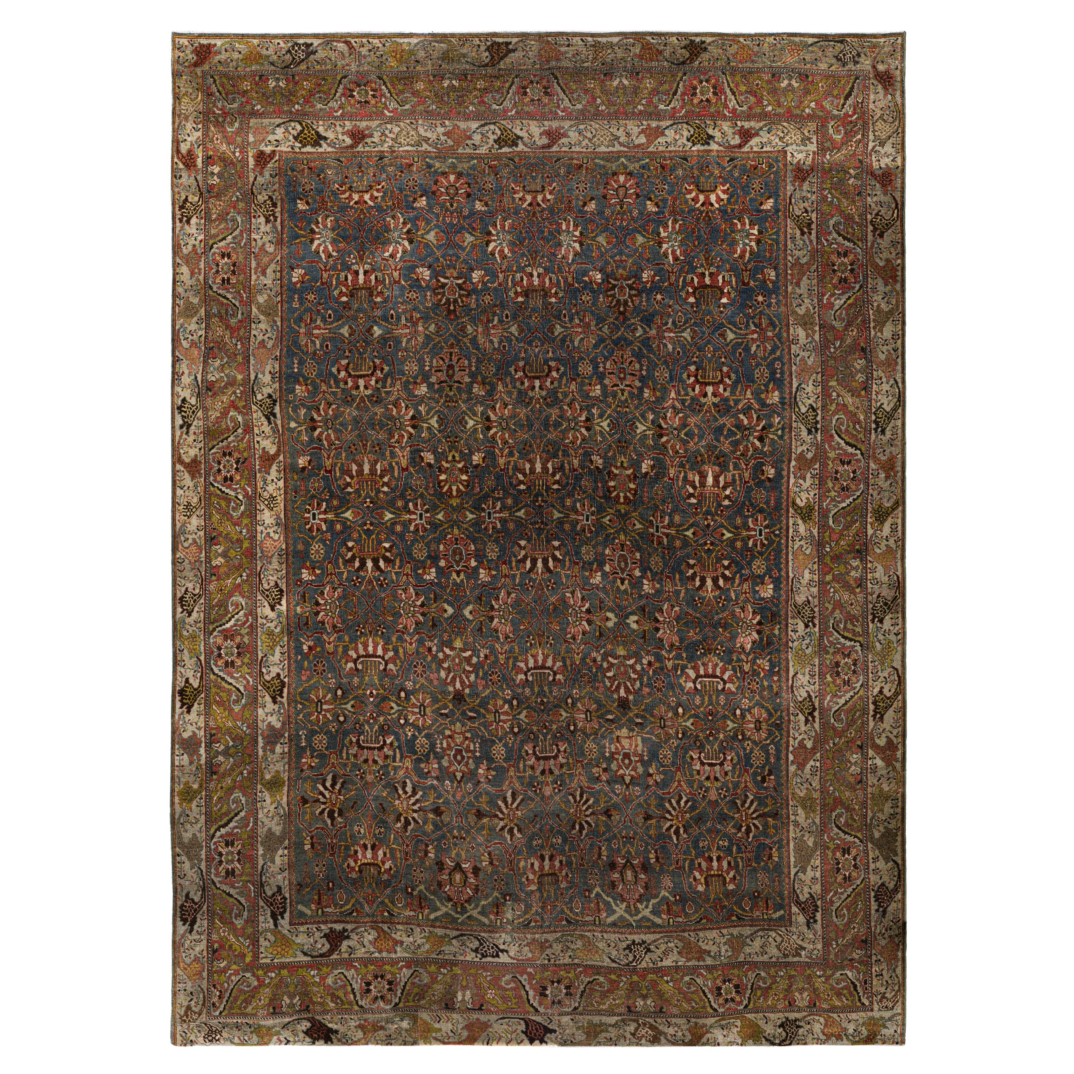 Blue Persian Wool Hand Knotted Rug 9 ft x 12 ft , Indigo Garden Continuum