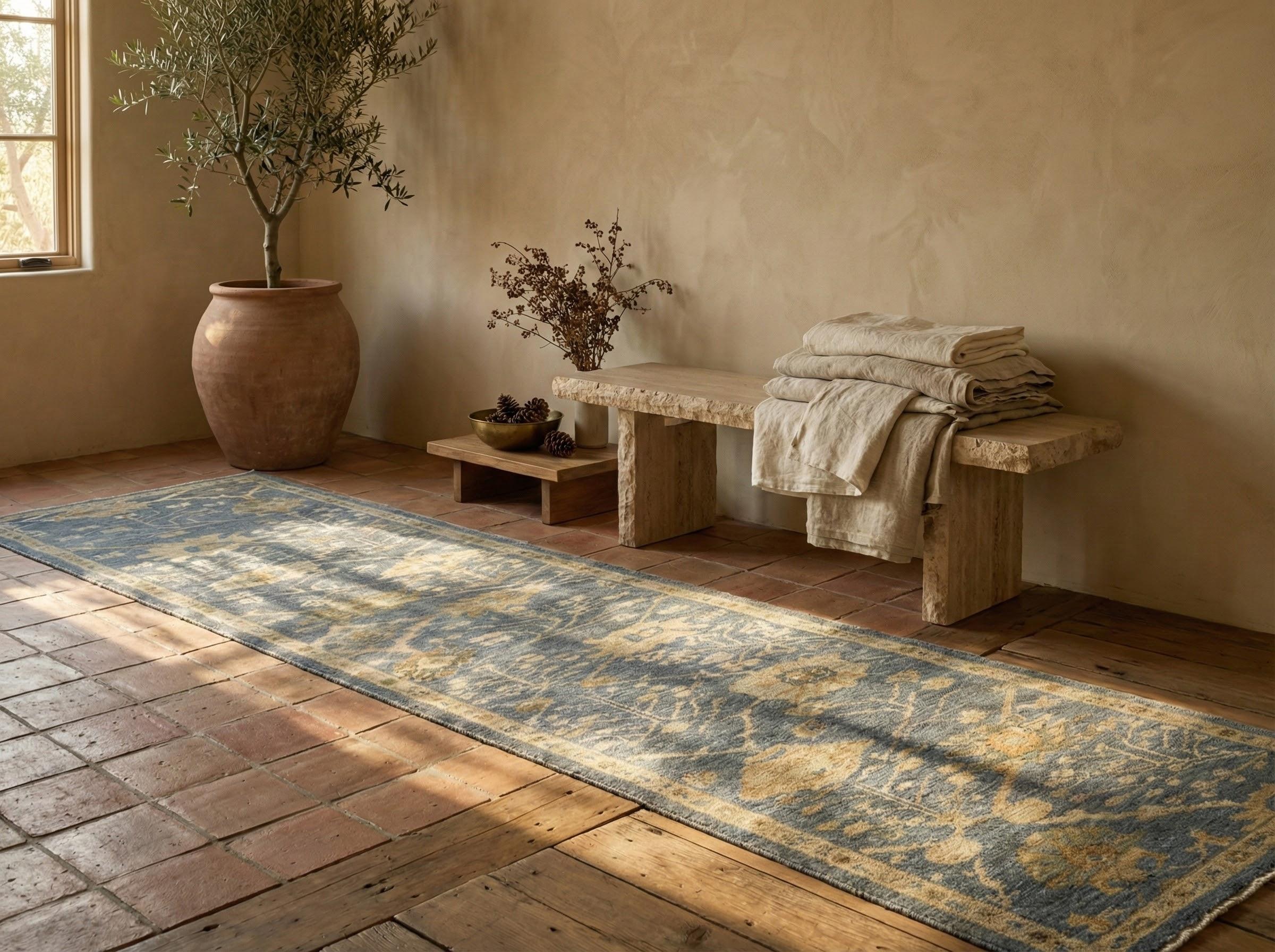 Oushak Runner in lana persiana blu annodato a mano 3 ft x 15 ft , Slate Blossom Serenity in vendita